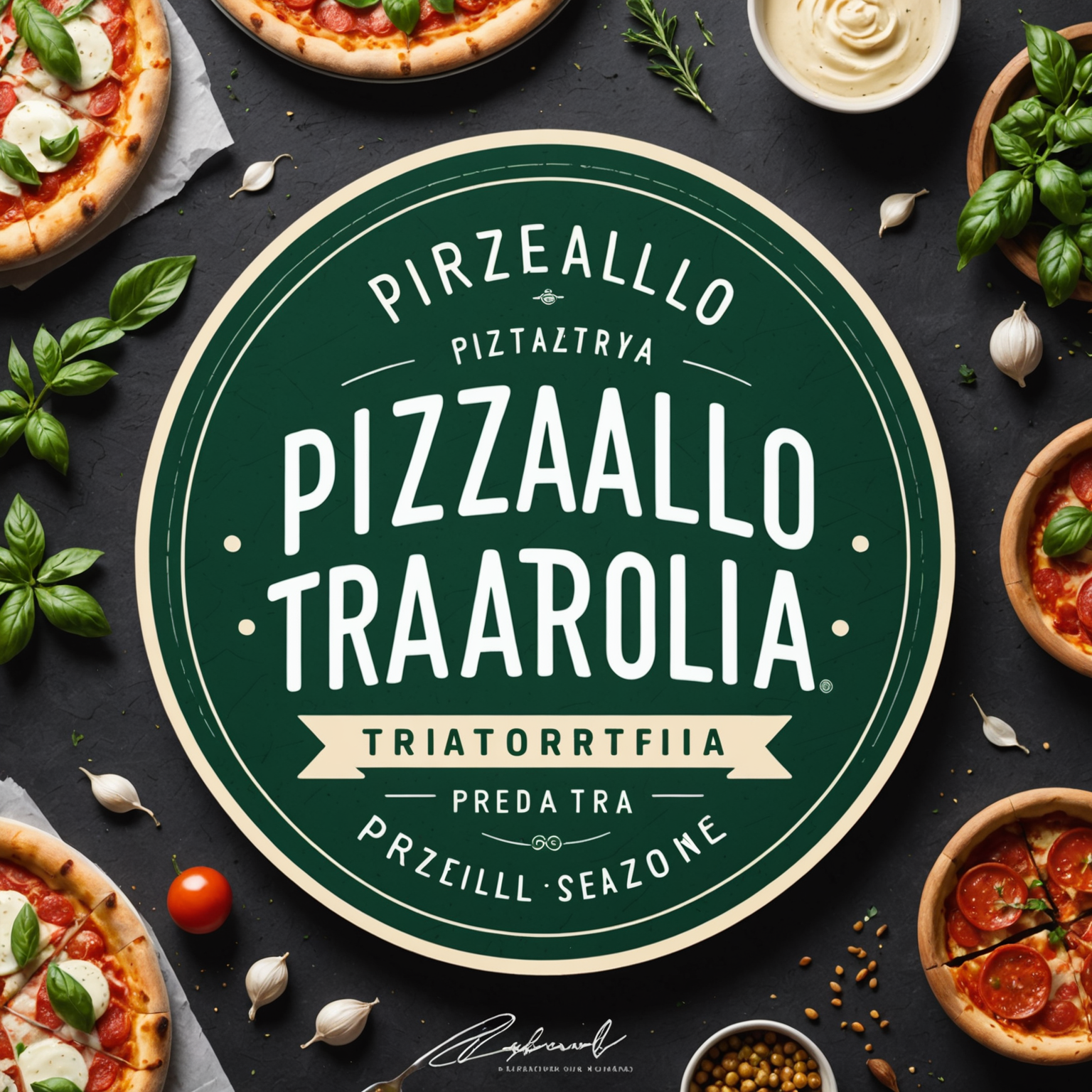 Pizzaiolo Trattoria & Pizzeria logo featuring handwritten style text with deep forest green background and warm cream lettering, representing authentic Canadian pizza delivery service
