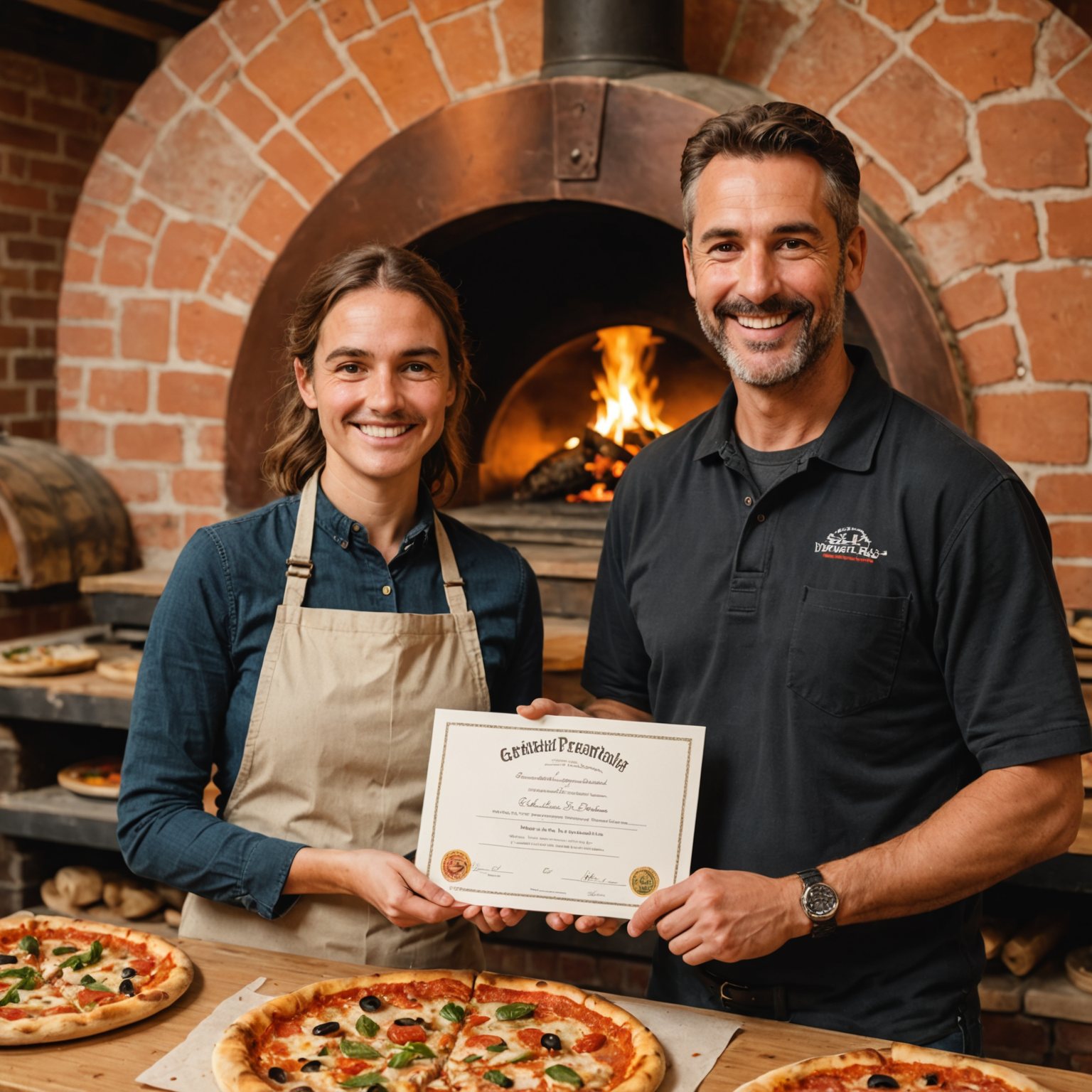 Pizzaiolo instructor presenting a certificate of completion to a smiling student, both standing in front of a wood-fired oven, with finished pizzas displayed on the counter