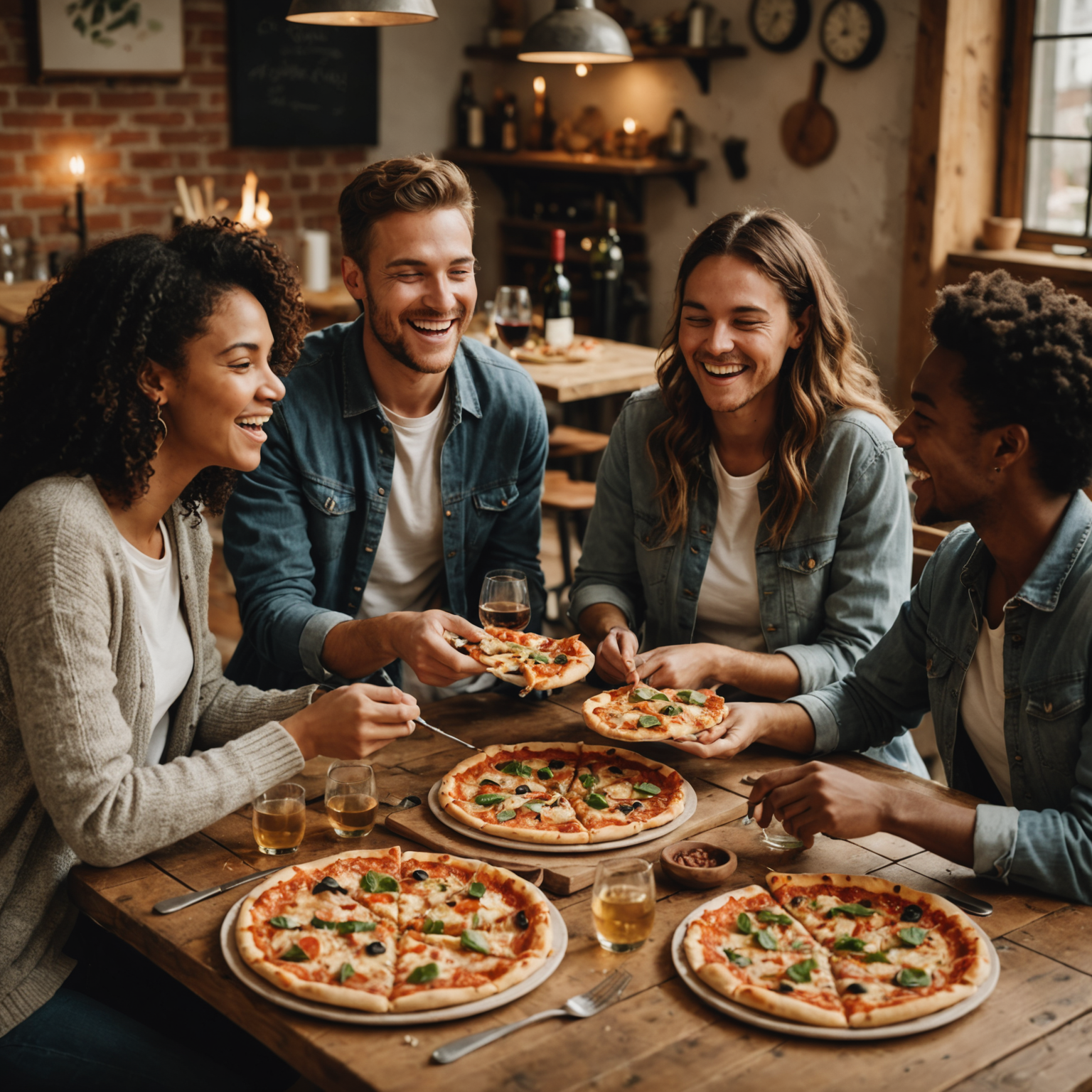 Group of diverse students sitting around a rustic wooden table enjoying the pizzas they made during class, laughing and sharing their creations, with wine glasses and a casual, celebratory atmosphere