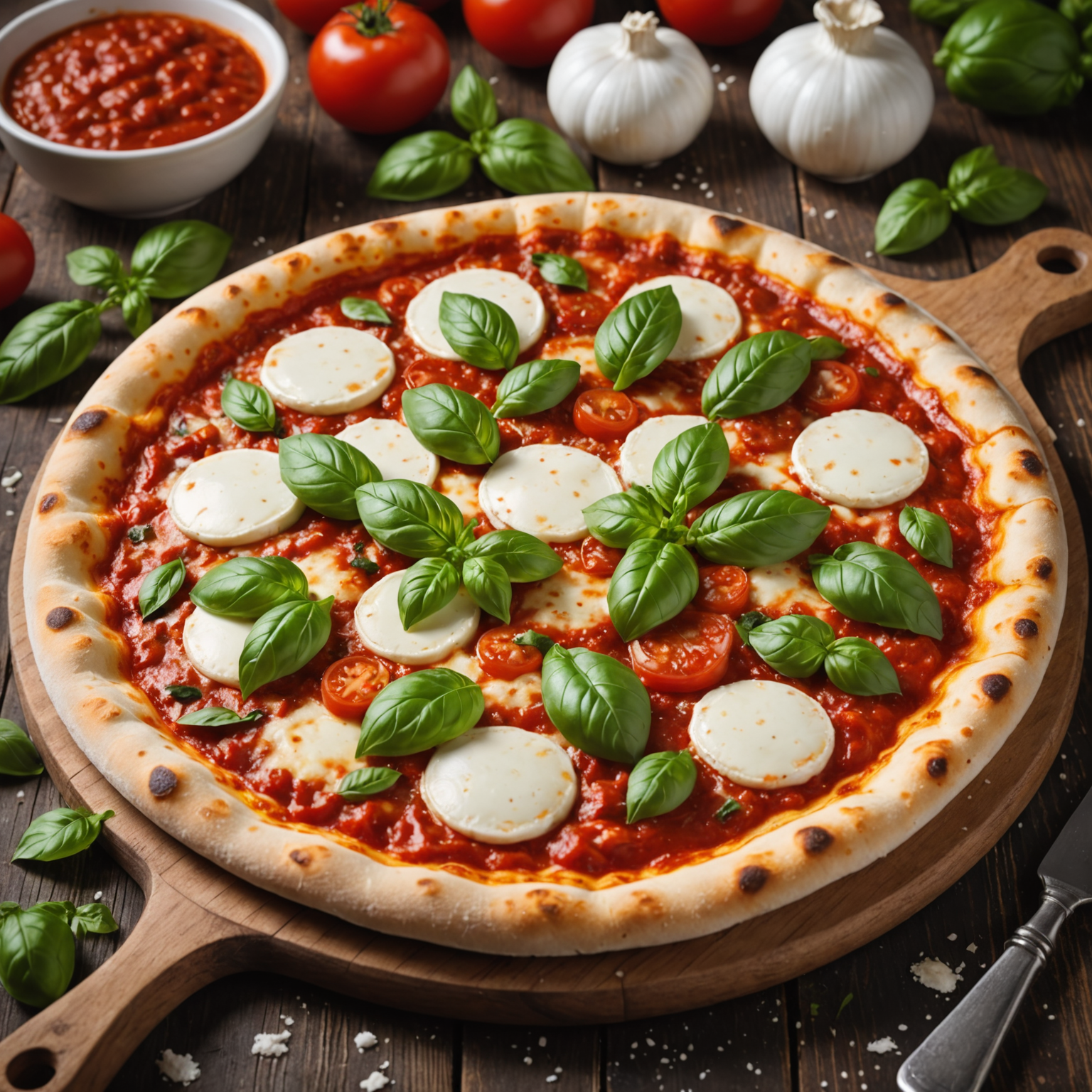 Authentic Italian pizza with fresh mozzarella, basil, and tomato sauce on a wooden board, showcasing traditional pizzaiolo craftsmanship