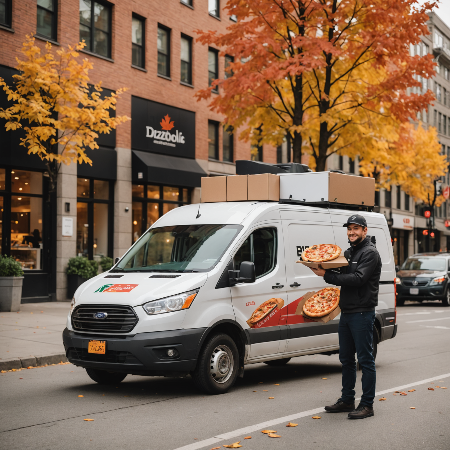 Pizzaiolo delivery driver holding fresh pizza boxes standing beside branded delivery vehicle on busy Canadian city street with modern buildings and colorful autumn foliage in background