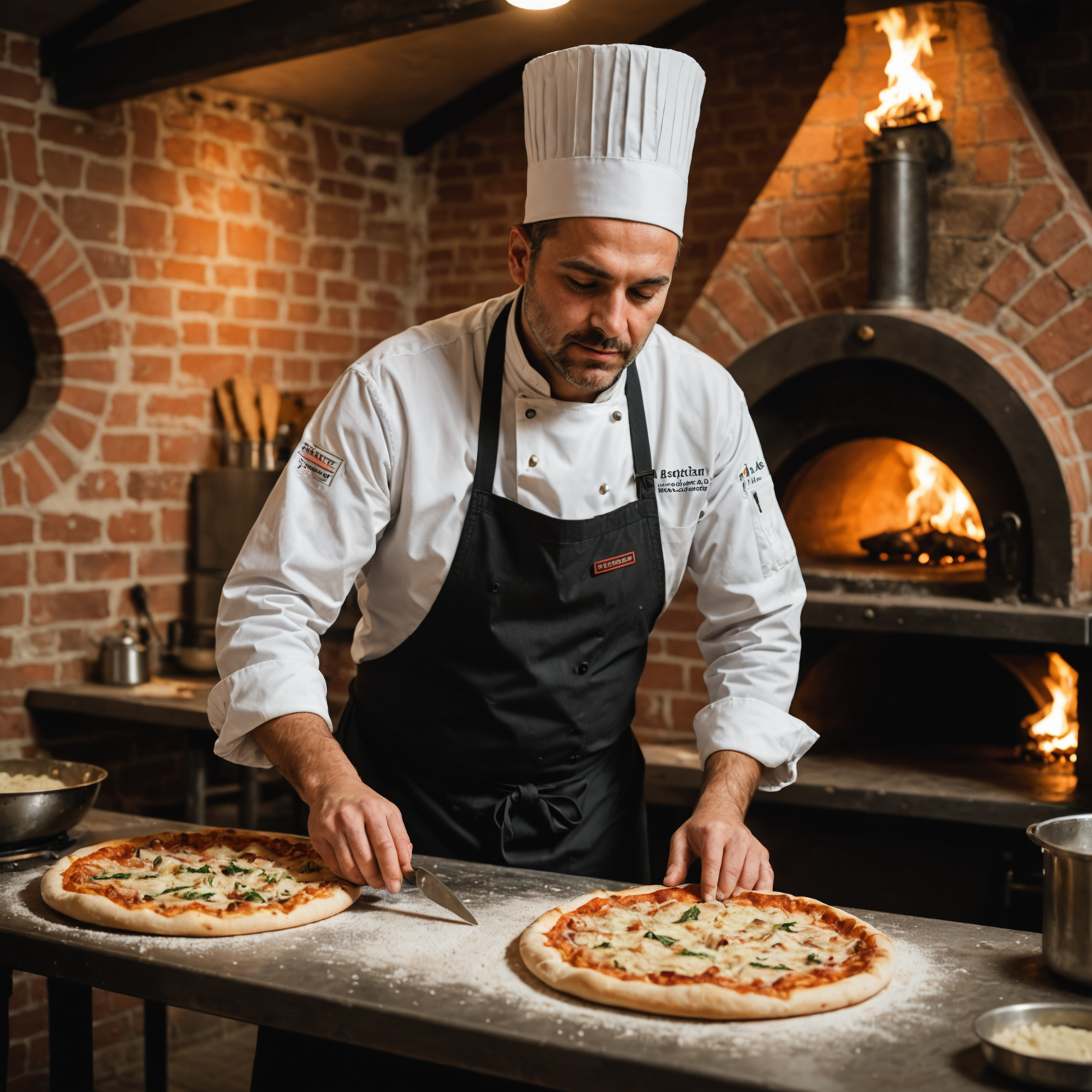 Head Chef Marco Benedetti working with pizza dough in Pizzaiolo's artisanal kitchen, with traditional wood-fired oven glowing in the background