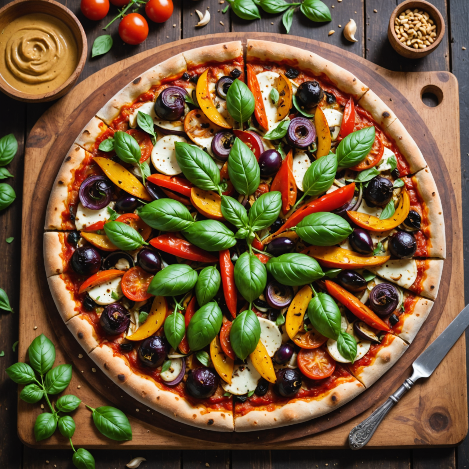 Beautifully crafted vegan pizza topped with colorful roasted vegetables, melted cashew-based mozzarella, fresh basil leaves, and plant-based pepperoni on a rustic wooden serving board in a warm, inviting pizzeria setting