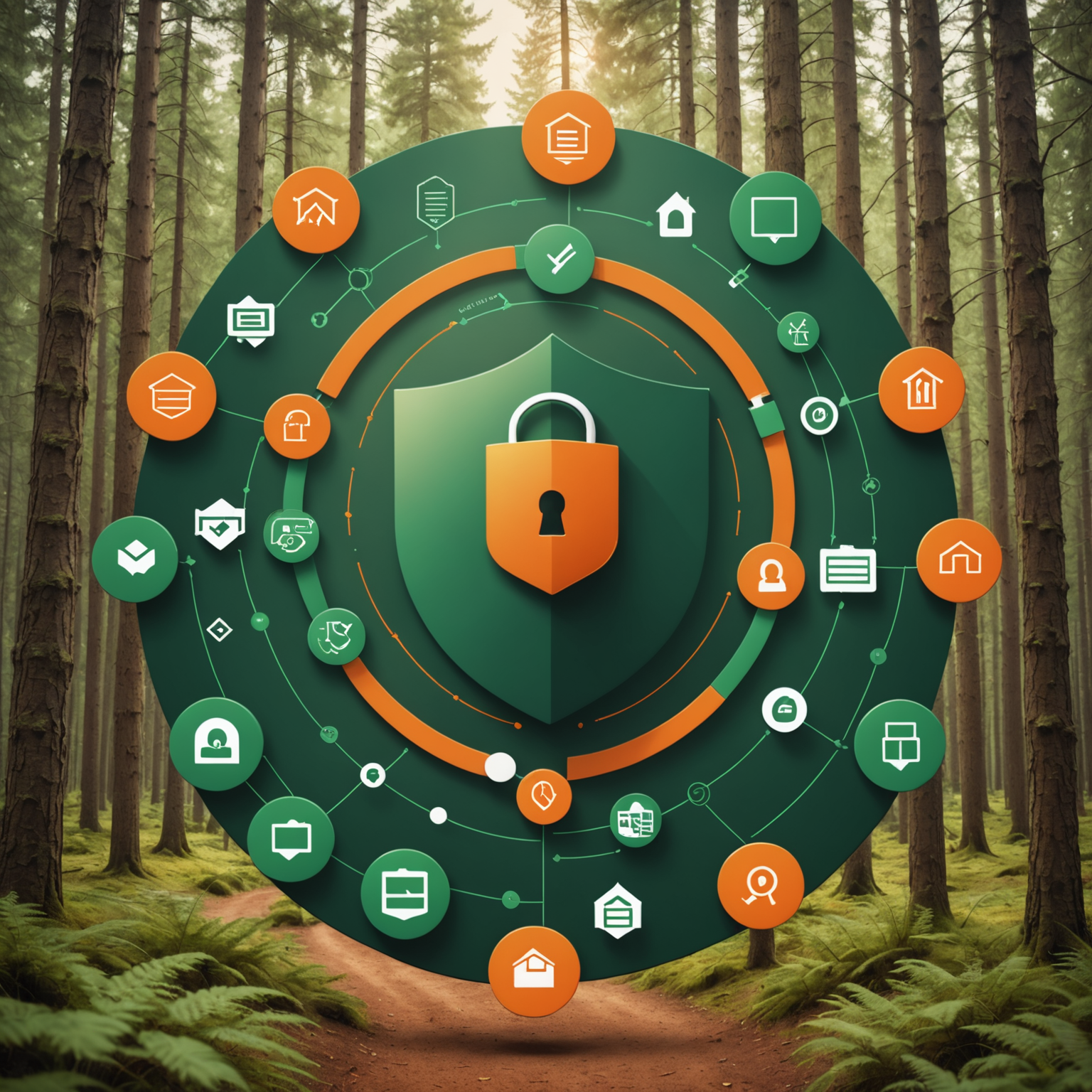 Illustration showing secure data collection process with icons representing personal information, payment details, and order data being protected by encryption shields in warm forest green and orange tones