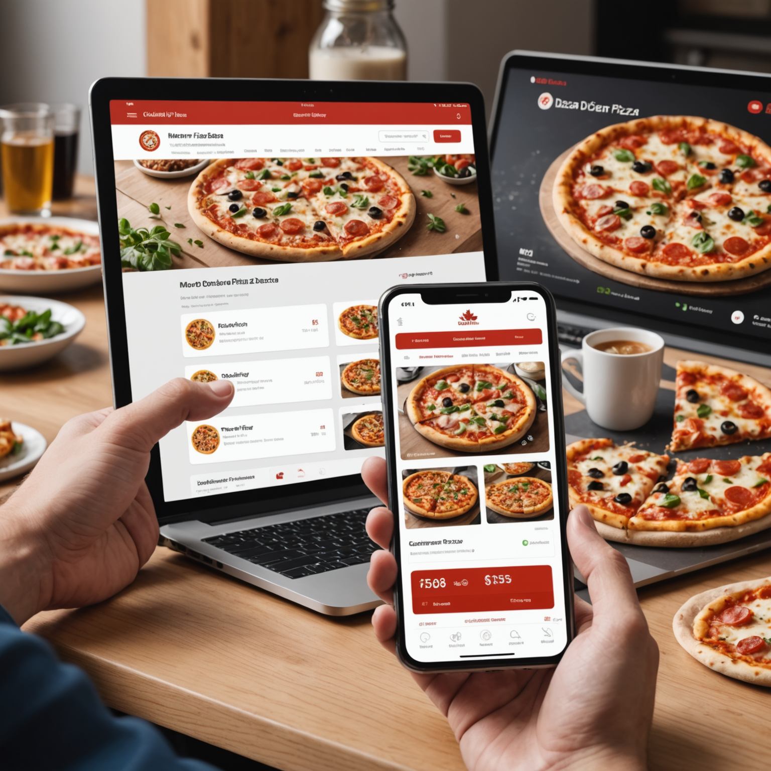 Modern online pizza ordering interface displayed on smartphone and laptop screens showing customizable menu options, real-time order tracking map, and secure payment gateway for Canadian pizza delivery service