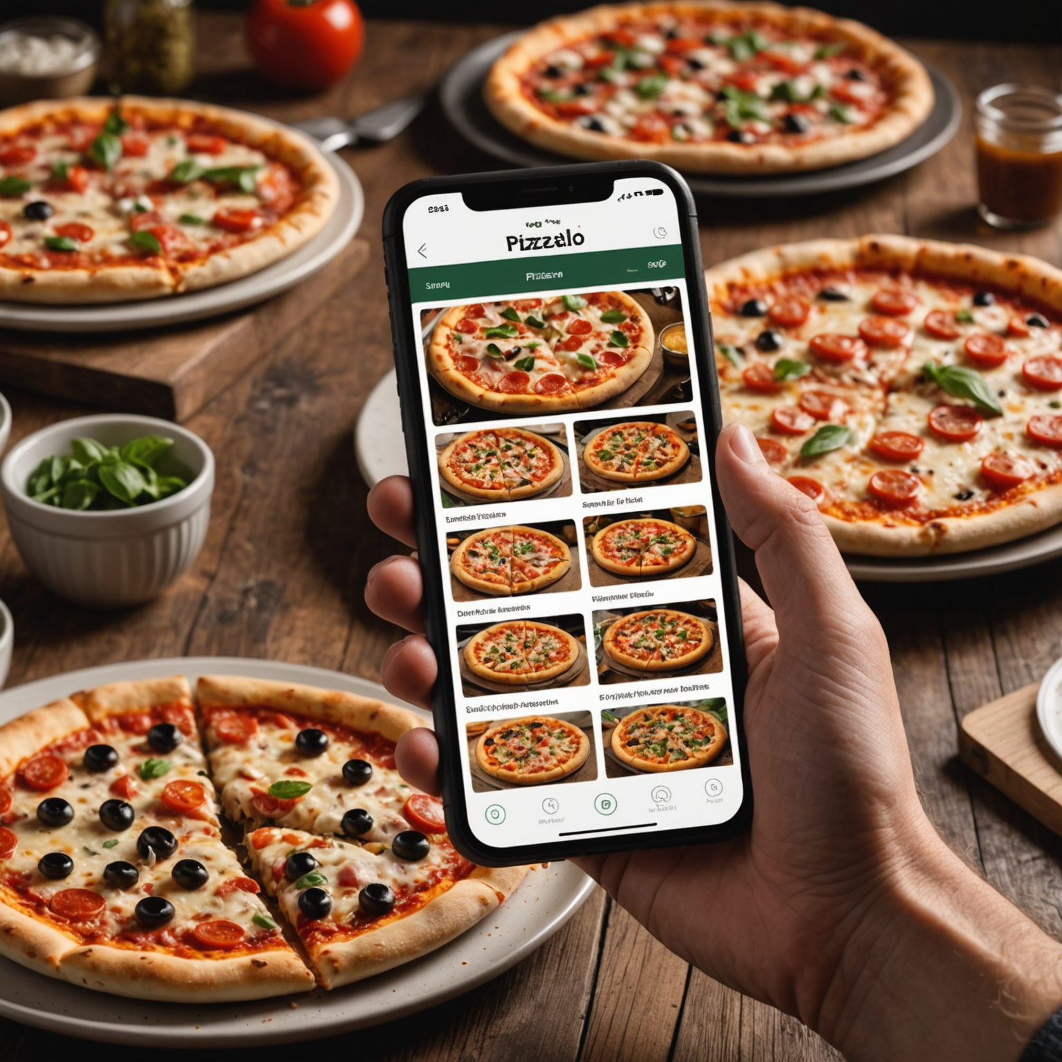 Customer browsing pizzaiolo menu on smartphone showing various pizza options with toppings and prices in a cozy home kitchen