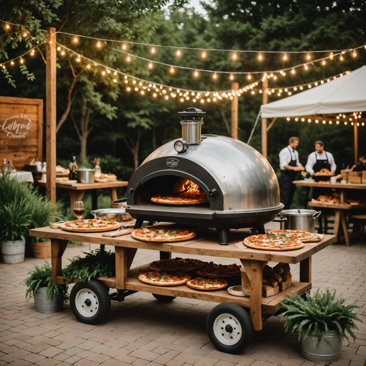 Professional pizza catering setup with wood-fired mobile oven, elegant serving stations, and beautifully arranged pizzas on rustic wooden boards at an outdoor event venue with string lights and natural greenery