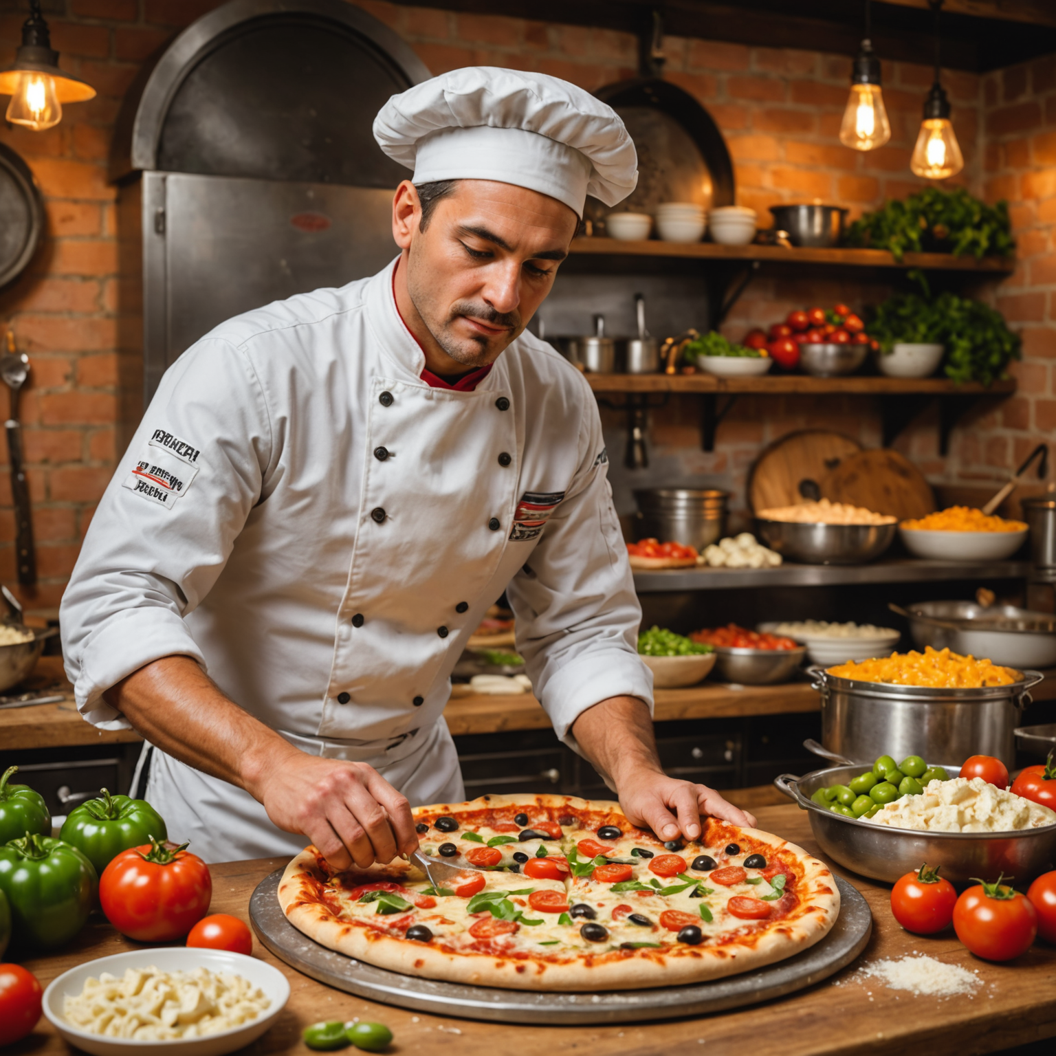 Skilled pizzaiolo in traditional white uniform stretching fresh pizza dough by hand on rustic wooden counter, with vibrant display of fresh toppings including red tomatoes, green peppers, mushrooms, olives, and various cheeses arranged in metal containers in background, warm kitchen lighting