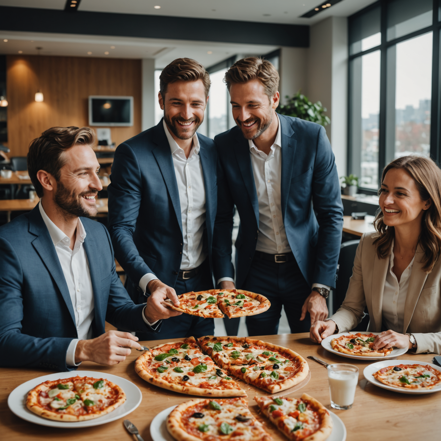 Happy corporate team enjoying fresh pizzaiolo pizza delivery during office lunch meeting in modern Canadian boardroom with natural lighting