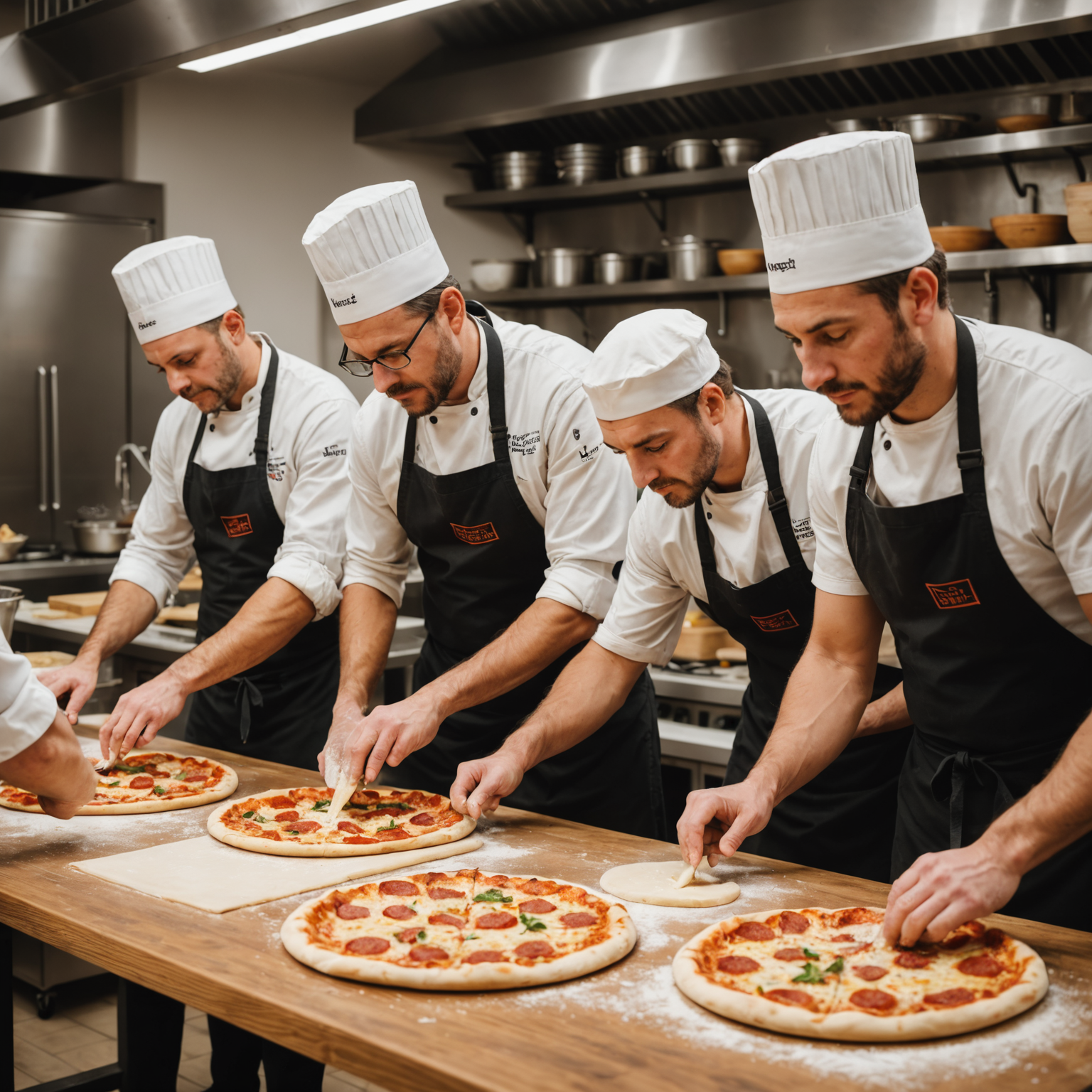 Professional pizzaiolo instructor teaching students how to stretch pizza dough in a modern kitchen classroom with wooden tables, fresh ingredients displayed, and participants wearing aprons while learning authentic Italian pizza making techniques