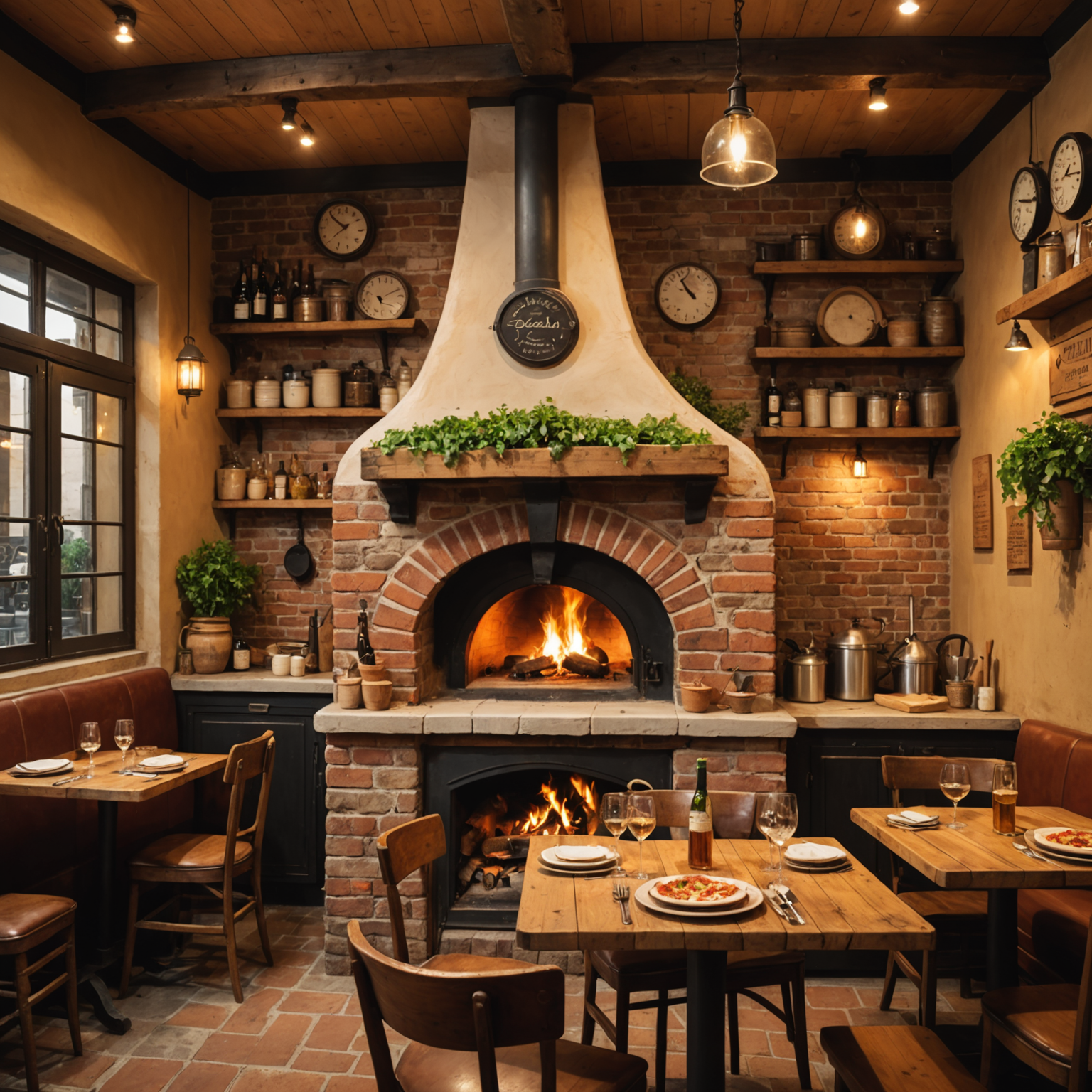 Warm and inviting Pizzaiolo restaurant interior featuring a traditional wood-fired pizza oven, rustic wooden tables, warm lighting, and authentic Italian decor with hanging herbs and vintage pizza-making tools