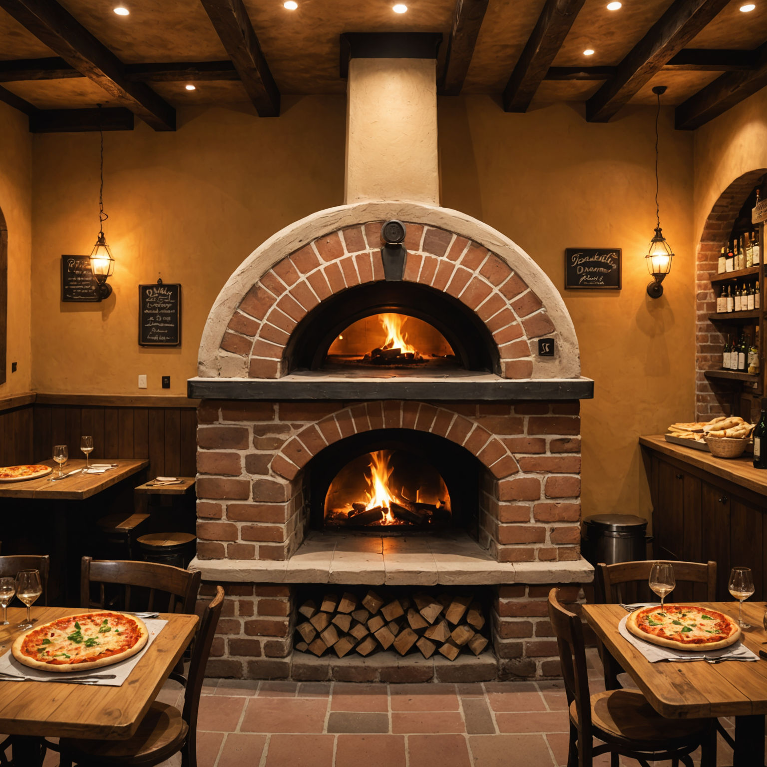 Interior of Pizzaiolo Trattoria showing traditional Italian pizza oven with flames, rustic wooden tables, and warm ambient lighting creating an authentic Italian atmosphere