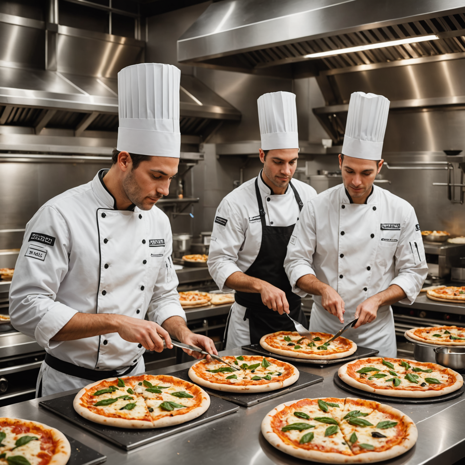 Professional commercial kitchen interior showing Pizzaiolo chefs in branded uniforms preparing fresh pizzas with artisan ingredients on stainless steel counters with modern pizza ovens and organized ingredient stations