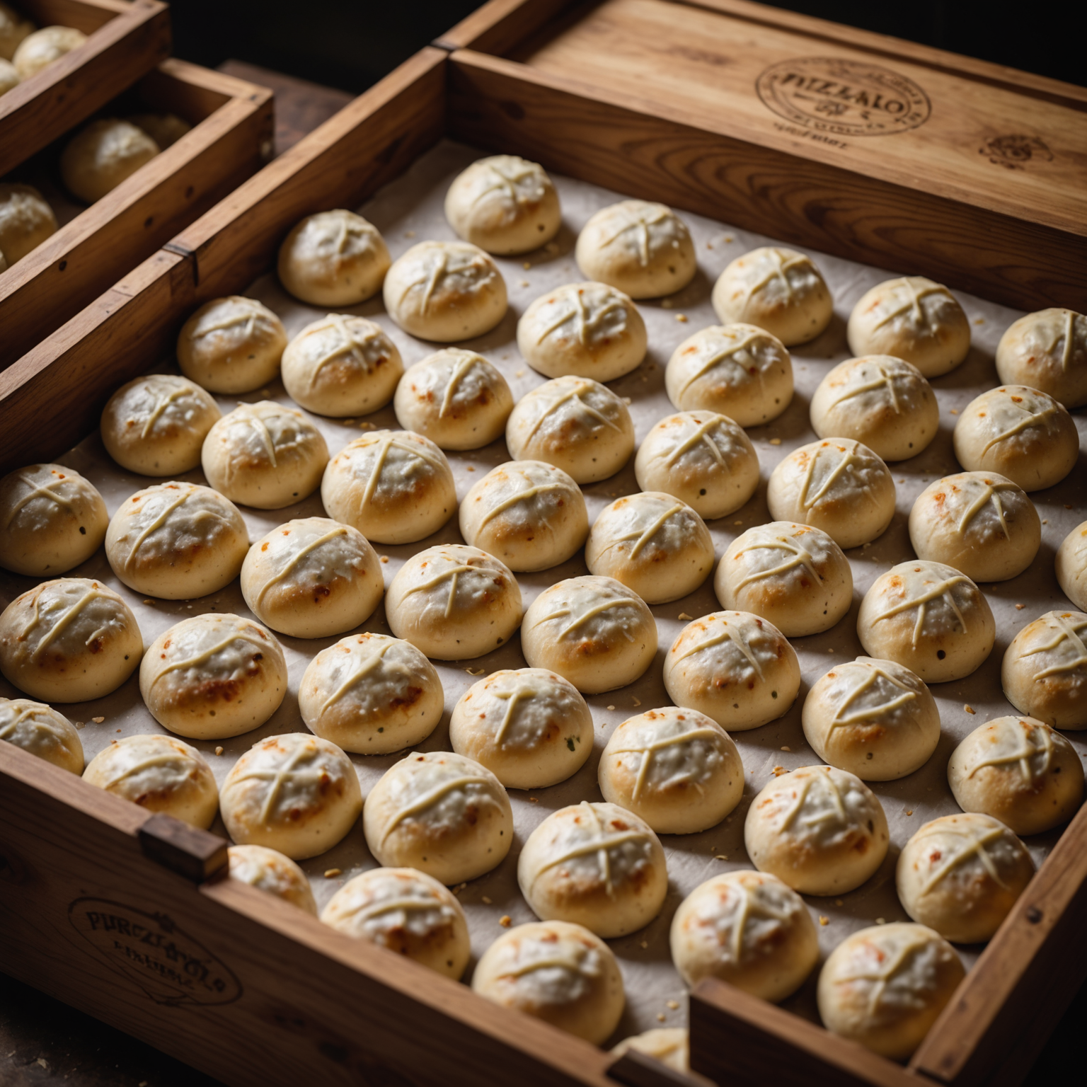 Artisanal pizza dough balls carefully arranged in traditional wooden proofing boxes during the 72-hour fermentation process at Pizzaiolo