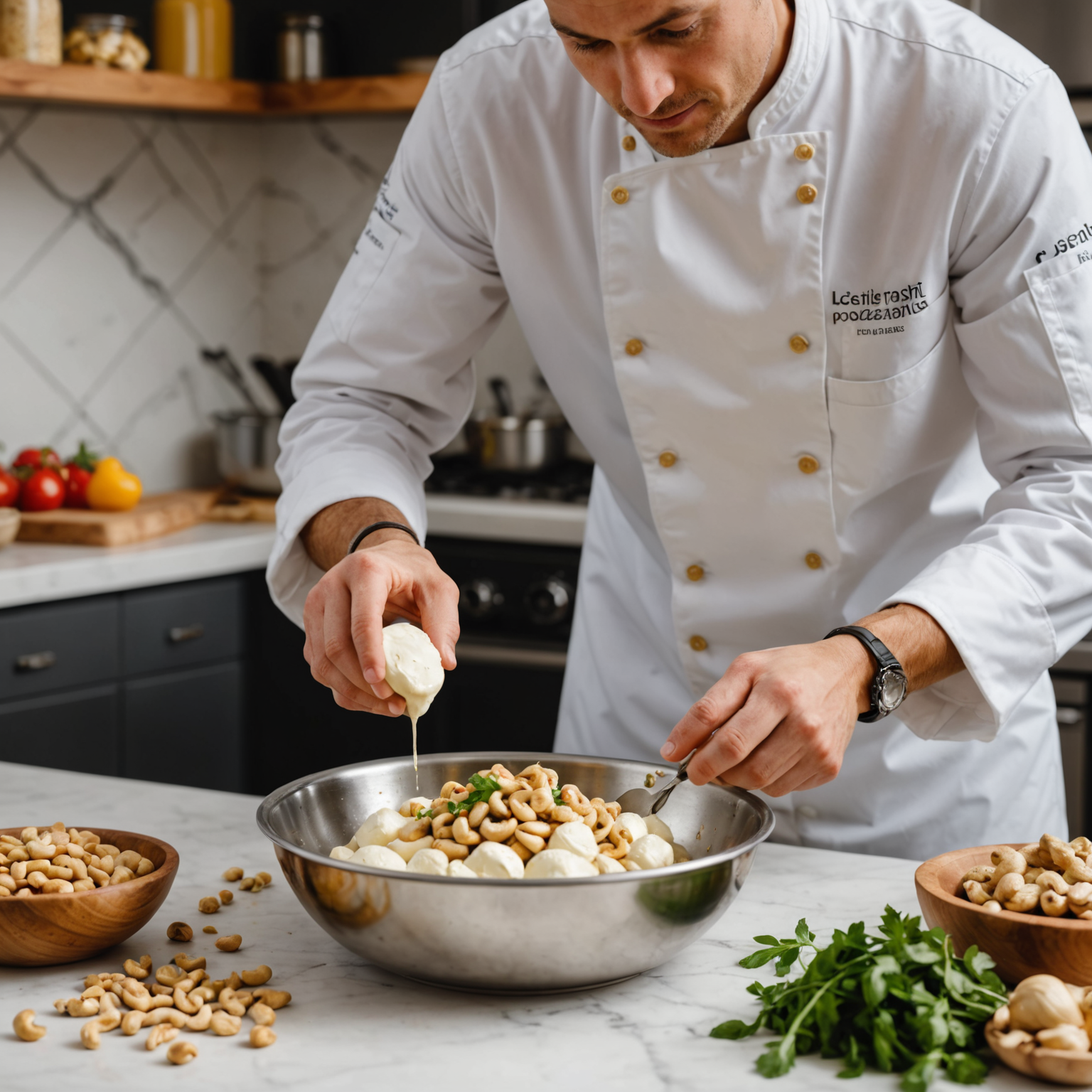 Professional chef in Pizzaiolo kitchen carefully preparing creamy cashew-based mozzarella in stainless steel bowl, with raw cashews, nutritional yeast, and fresh herbs visible on marble countertop, bright natural lighting highlighting the artisanal process