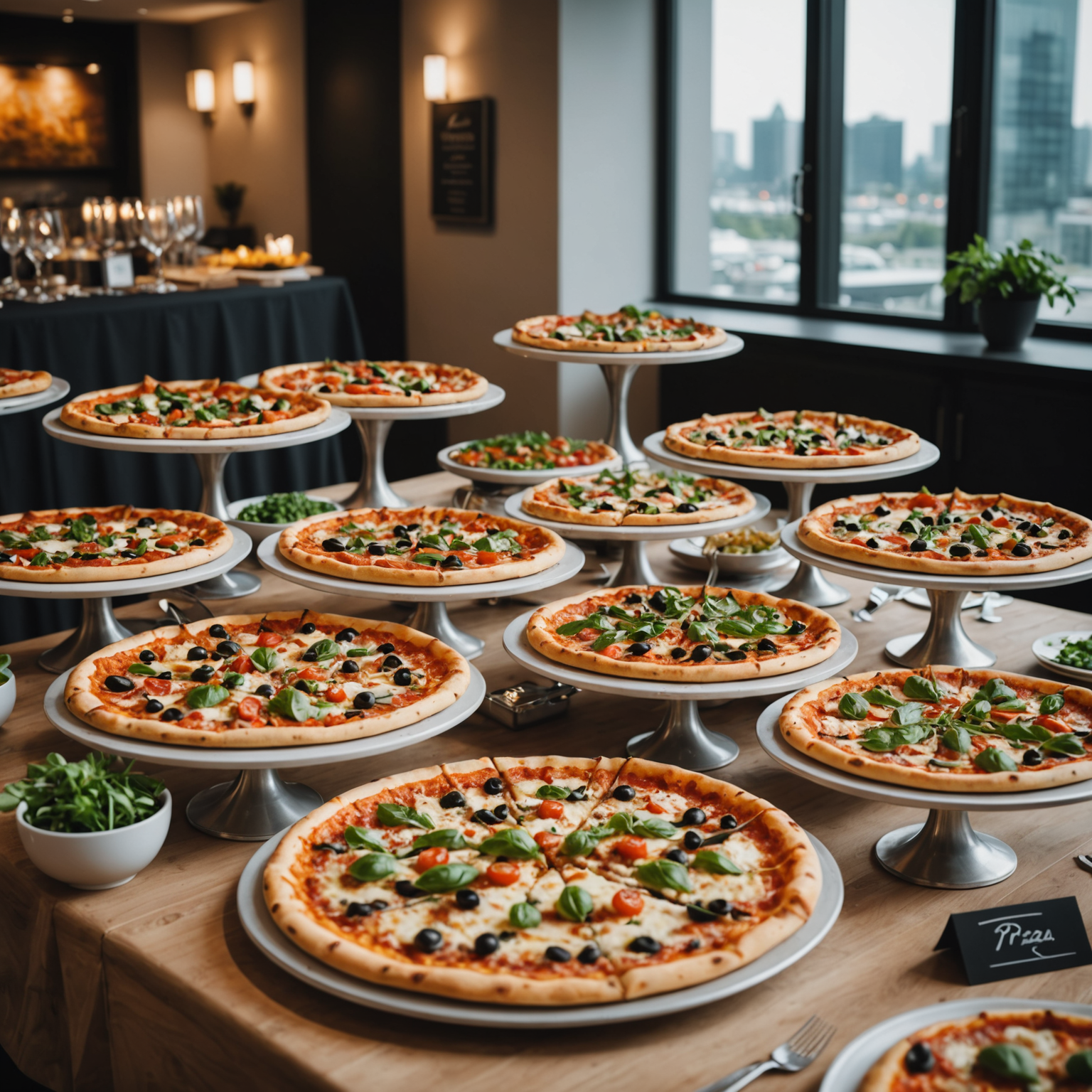 Elegant pizza catering display at corporate event with multiple specialty pizzas arranged on buffet tables, professional catering staff serving guests, and branded setup for business gathering in modern Canadian office space