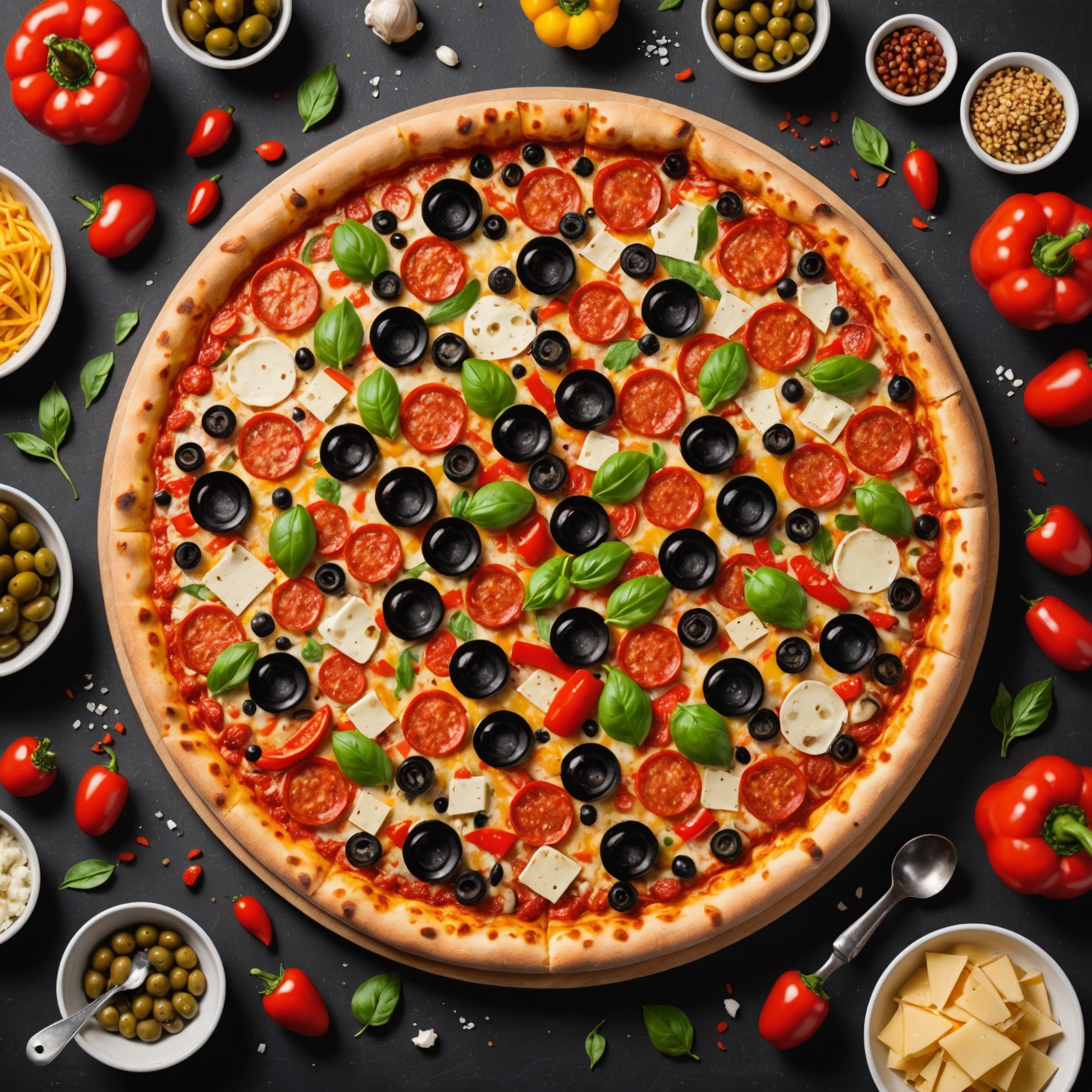 Interactive pizza customization screen displaying various toppings including pepperoni, mushrooms, bell peppers, olives, and extra cheese with visual pizza builder
