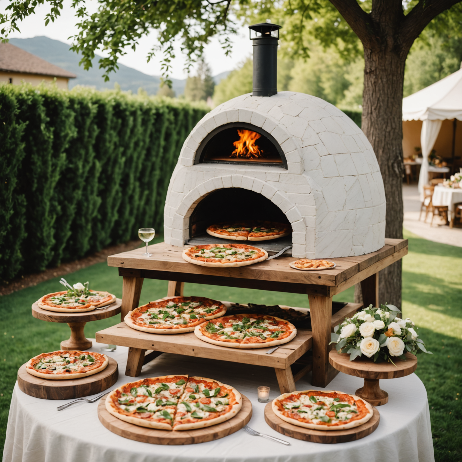 Elegant wedding reception with gourmet pizza station featuring artisanal pizzas on marble serving platters, fresh ingredients displayed in rustic wooden crates, and a beautifully decorated mobile pizza oven with floral arrangements