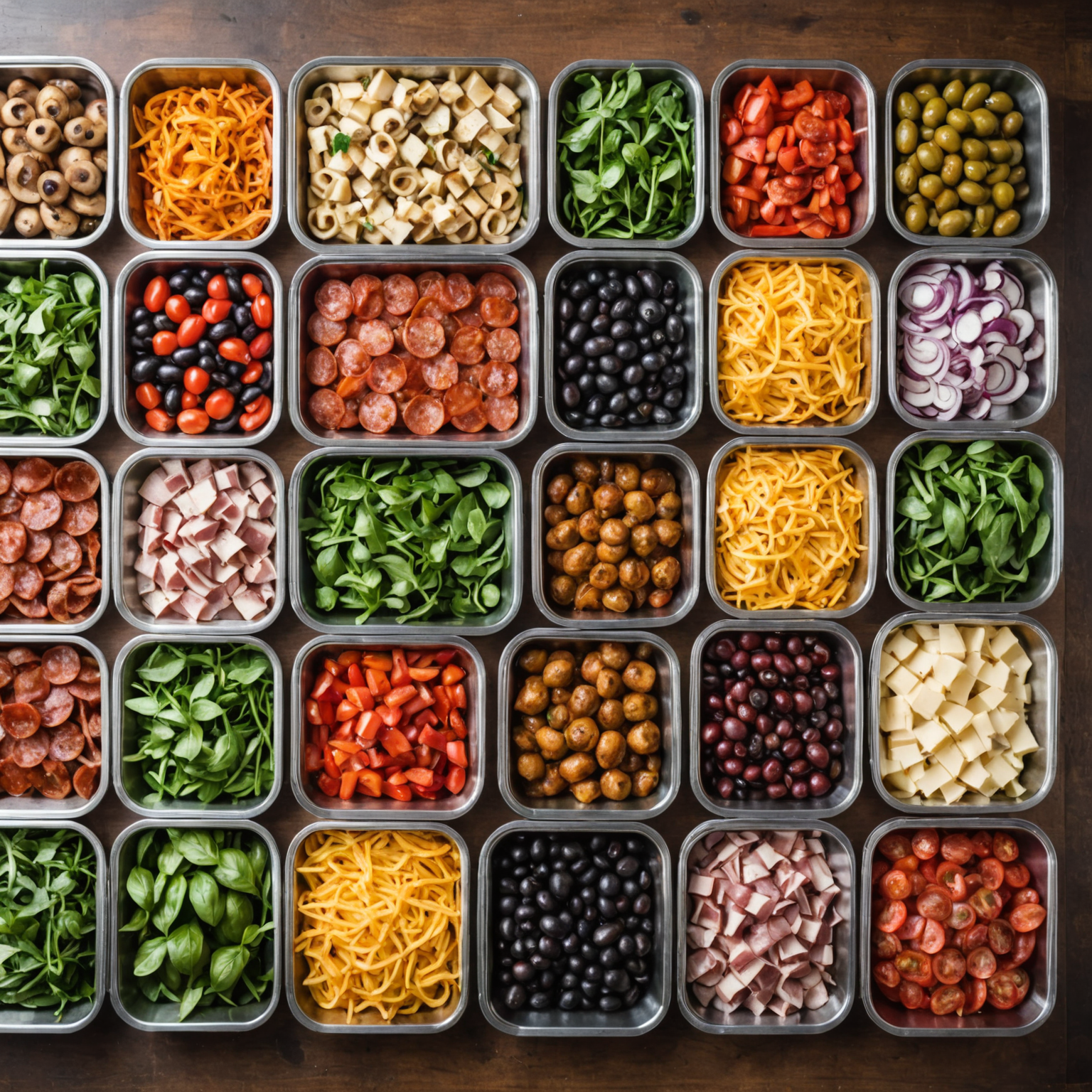 Top-down view of professional pizza prep station with organized rows of stainless steel containers filled with fresh toppings including pepperoni, Italian sausage, bacon, ham, grilled chicken, mushrooms, bell peppers, red onions, black olives, green olives, tomatoes, spinach, arugula, pineapple, jalapeños, artichokes, sun-dried tomatoes, and various cheeses, all arranged on clean white counter