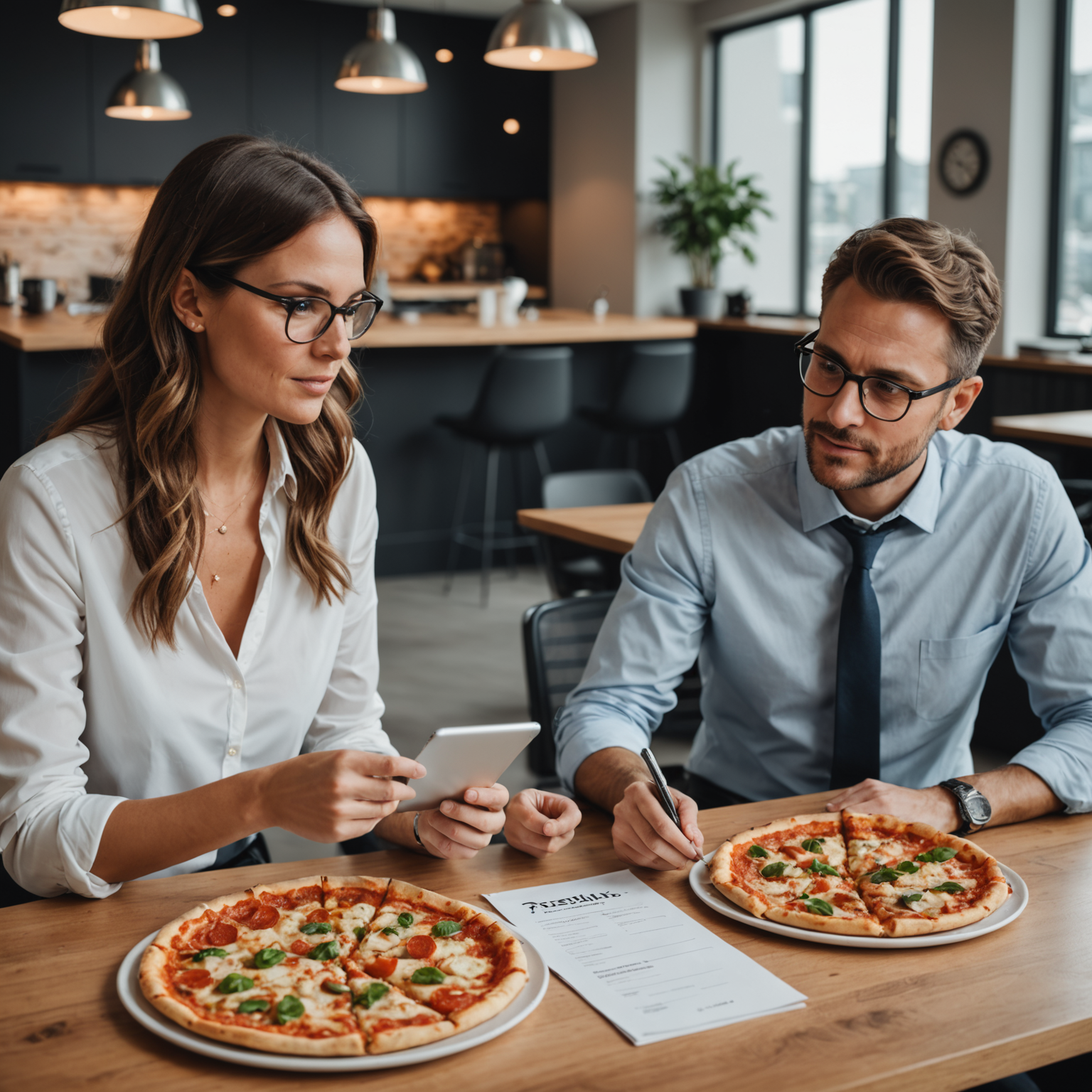 Business professional discussing corporate pizzaiolo pizza subscription plans with dedicated account manager in modern Canadian office setting