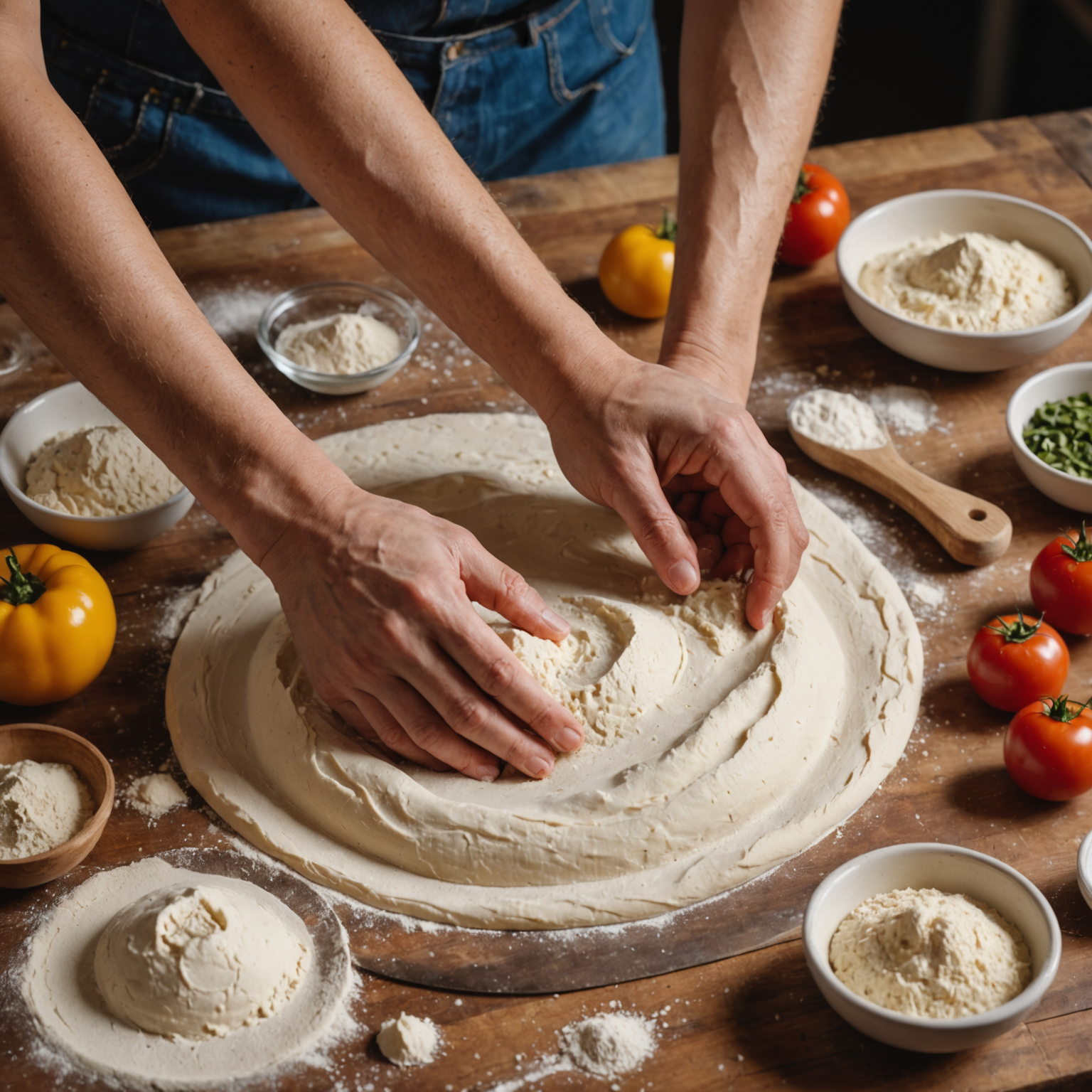 Close-up of hands kneading pizza dough on a floured wooden surface, showing proper technique for developing gluten structure, with bowls of ingredients and measuring tools in the background