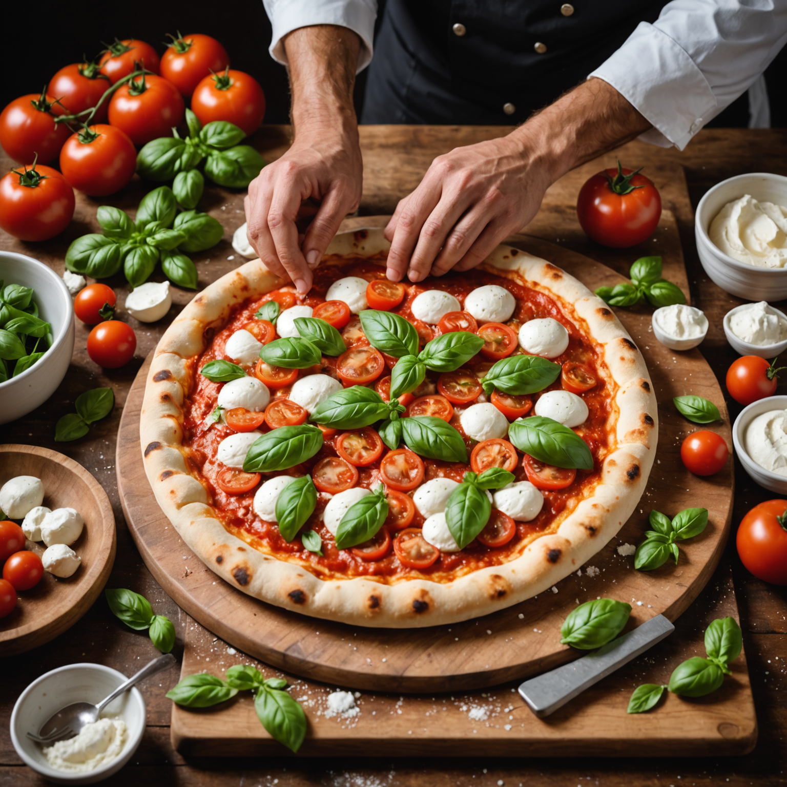 Professional pizzaiolo chef hand-stretching fresh pizza dough on a wooden counter, surrounded by fresh ingredients including San Marzano tomatoes, buffalo mozzarella, fresh basil, and premium olive oil