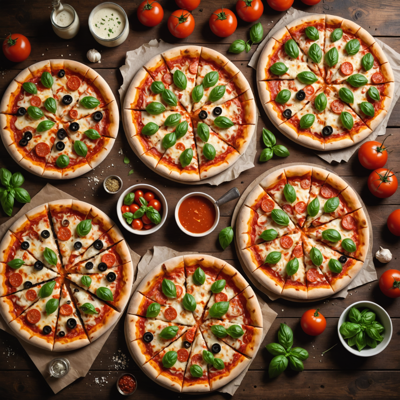 Variety of pizzaiolo pizzas including Margherita, Pepperoni, Quattro Formaggi, and Vegetarian options displayed on a rustic wooden table with fresh ingredients