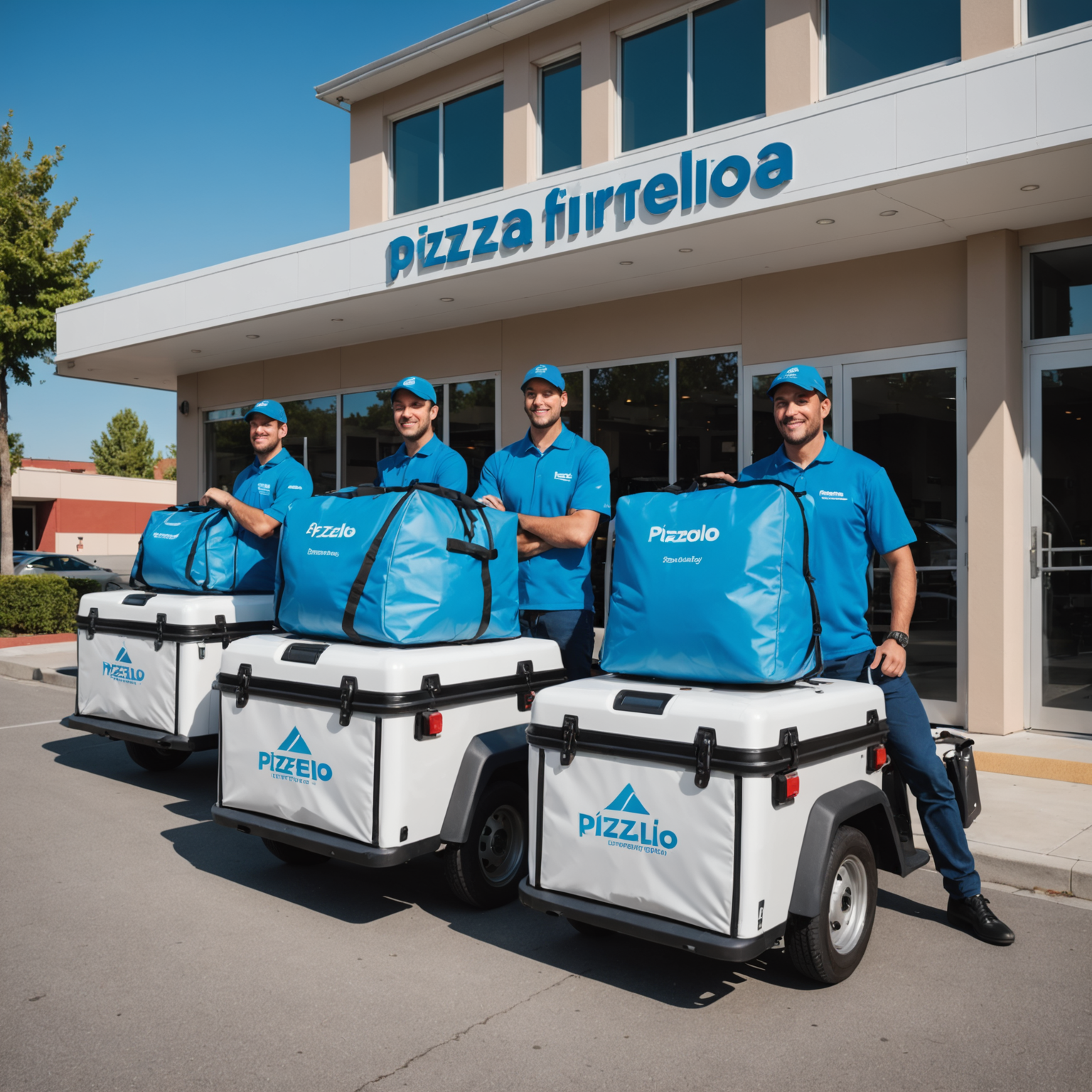 Row of branded Pizzaiolo delivery vehicles with thermal bags parked in front of modern kitchen facility with delivery drivers in uniform standing proudly holding insulated pizza delivery bags under clear blue sky
