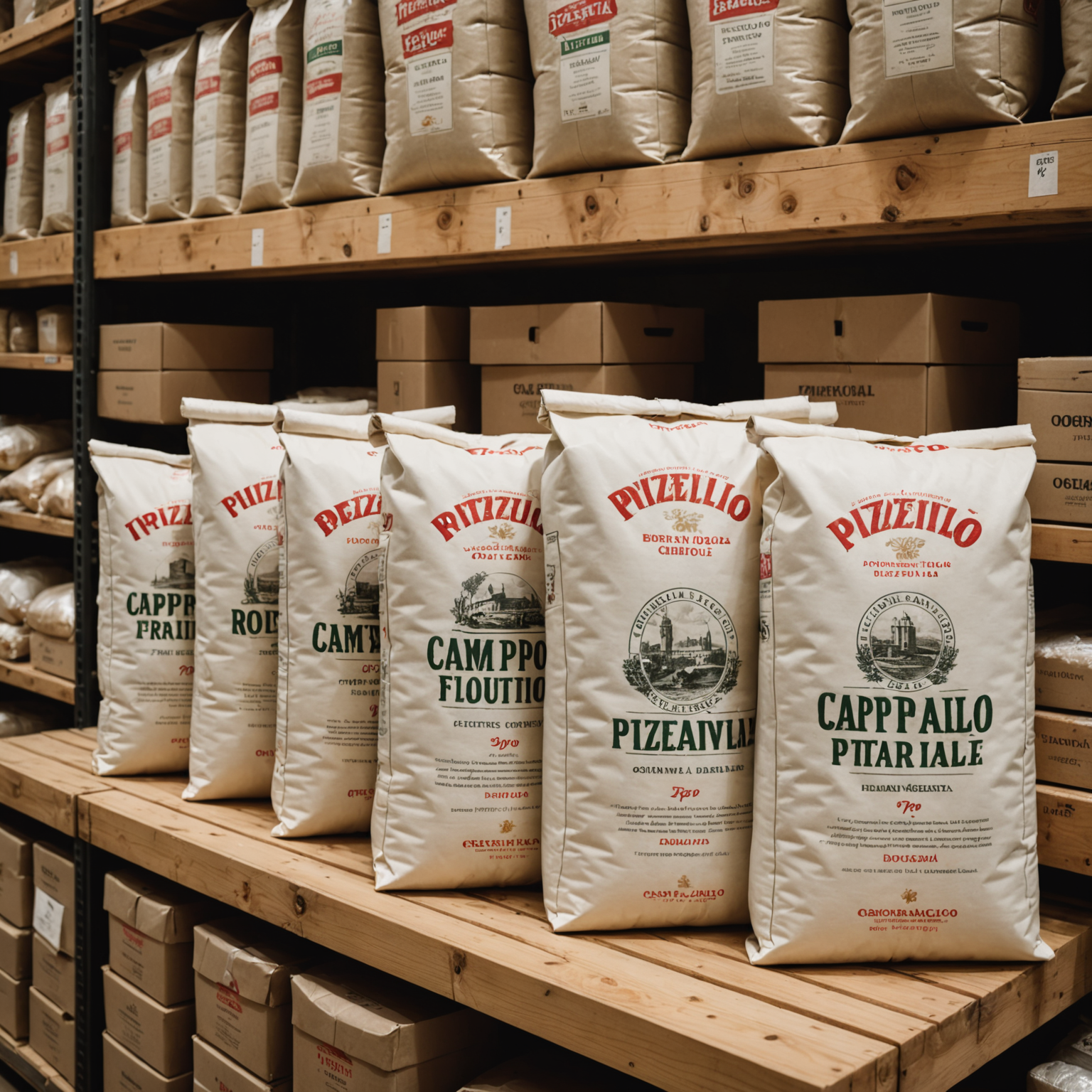 Premium Italian tipo 00 flour bags imported from Campania region, stored in Pizzaiolo's temperature-controlled storage area