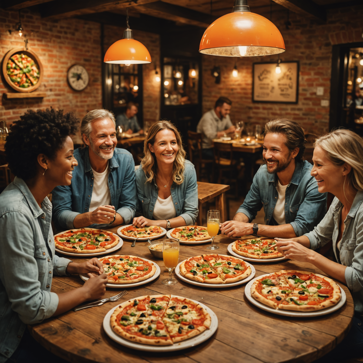 Diverse group of smiling customers of various ages sitting around a rustic wooden table in Pizzaiolo restaurant, sharing multiple vegan pizzas topped with colorful vegetables, everyone engaged in animated conversation, warm ambient lighting creating inviting atmosphere