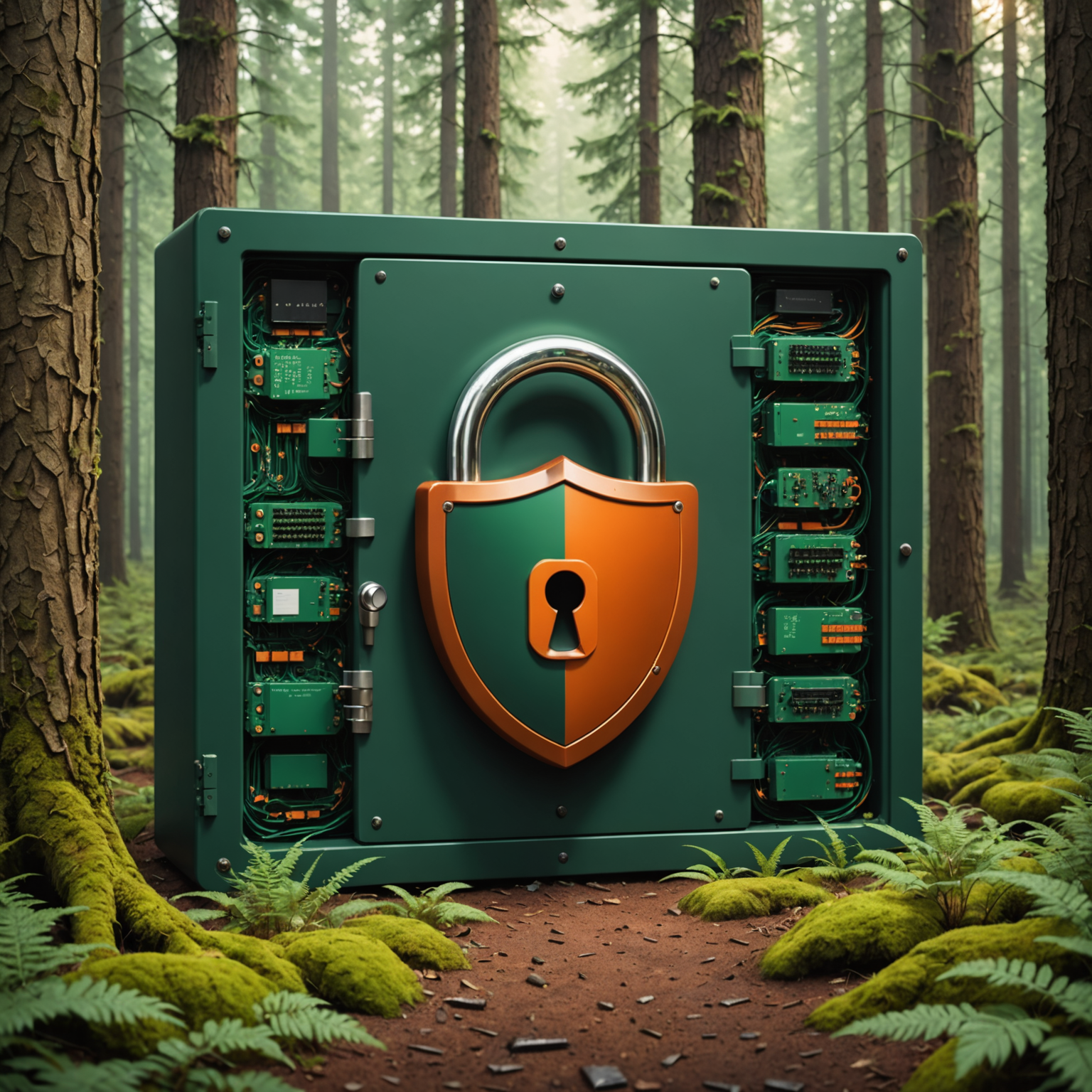 Conceptual illustration of data security featuring encrypted locks, secure servers, firewall shields, and protected customer information in deep forest green and burnt orange color scheme