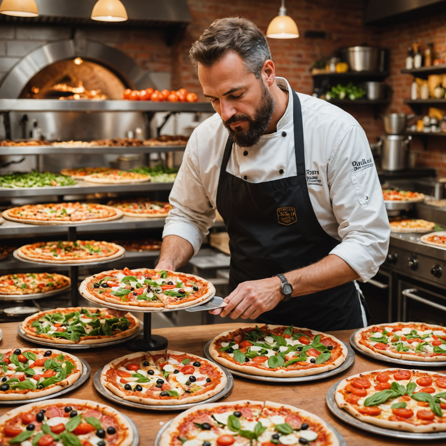 Artisan pizzaiolo preparing custom pizza with colorful array of over 30 fresh toppings including vegetables, meats, cheeses, and specialty ingredients displayed in organized containers, showing gluten-free and whole wheat crust options
