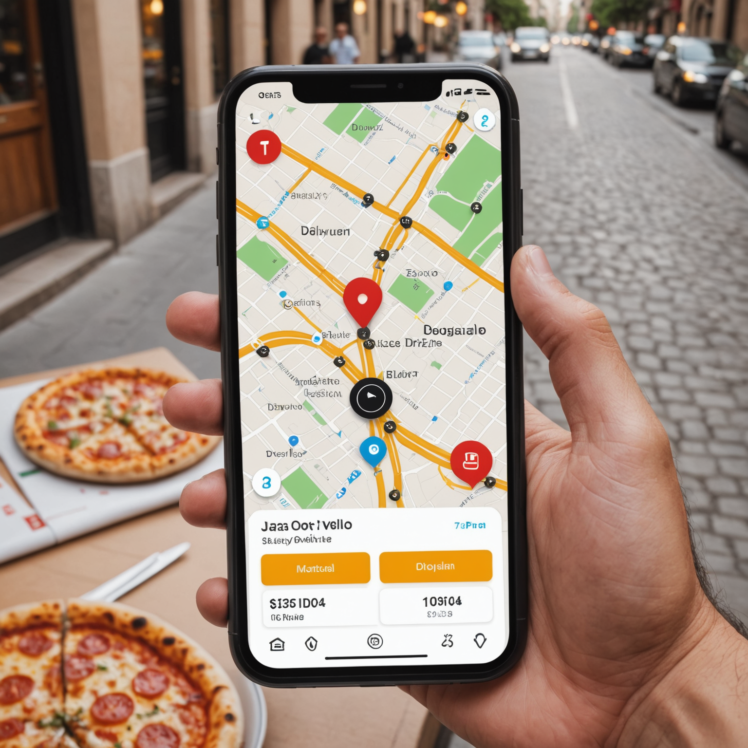 Smartphone screen showing live order tracking interface with map displaying delivery driver's current location, route, and estimated 15-minute arrival time for pizzaiolo delivery