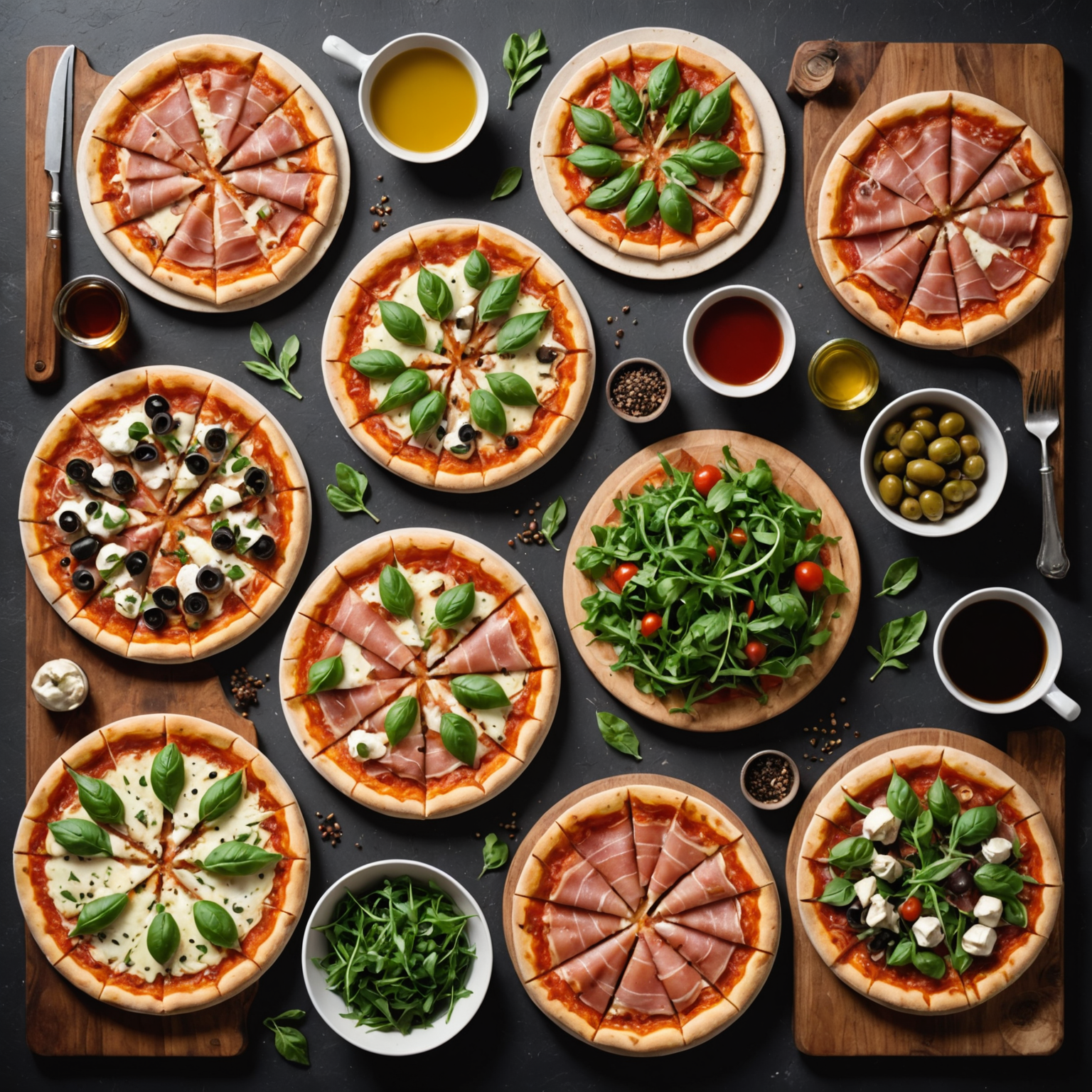 Overhead view of diverse gourmet pizza selection including margherita, prosciutto and arugula, truffle mushroom, and vegetarian options arranged on elegant serving boards with fresh herbs, olive oil, and artisanal ingredients displayed around them