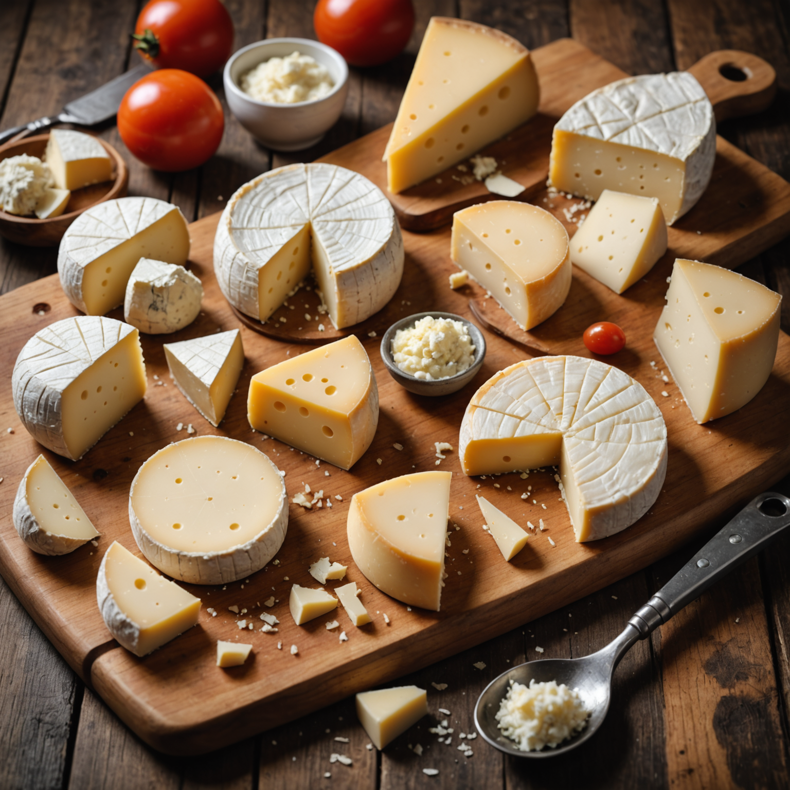 Detailed close-up shot of different premium cheeses including fresh mozzarella, aged parmesan, sharp provolone, and creamy ricotta on wooden cutting board with cheese grater, showing texture and quality of artisan cheese selection, natural lighting highlighting cheese varieties
