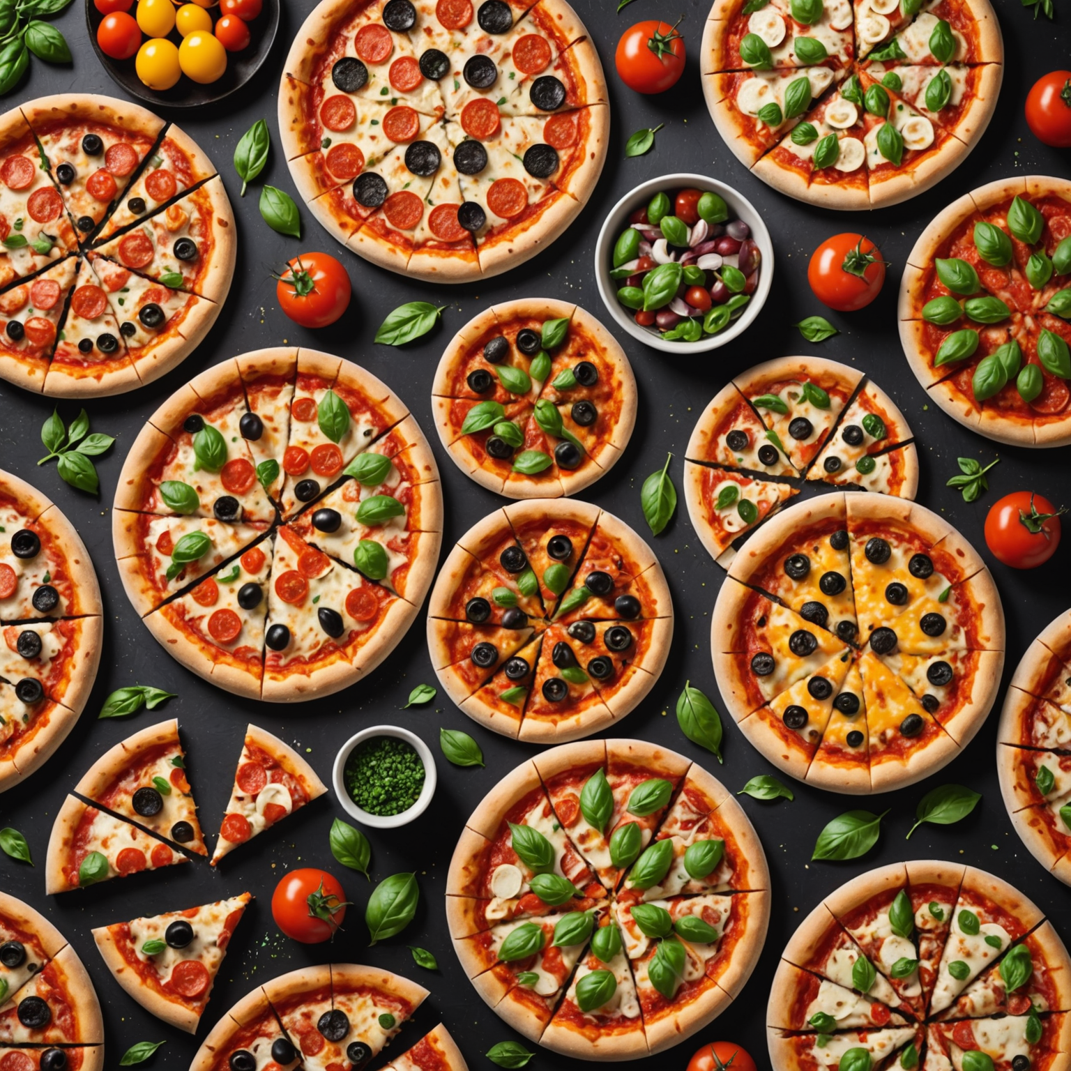 Diverse selection of fresh pizzaiolo pizzas including vegetarian, meat lovers, and specialty options arranged for corporate office lunch delivery