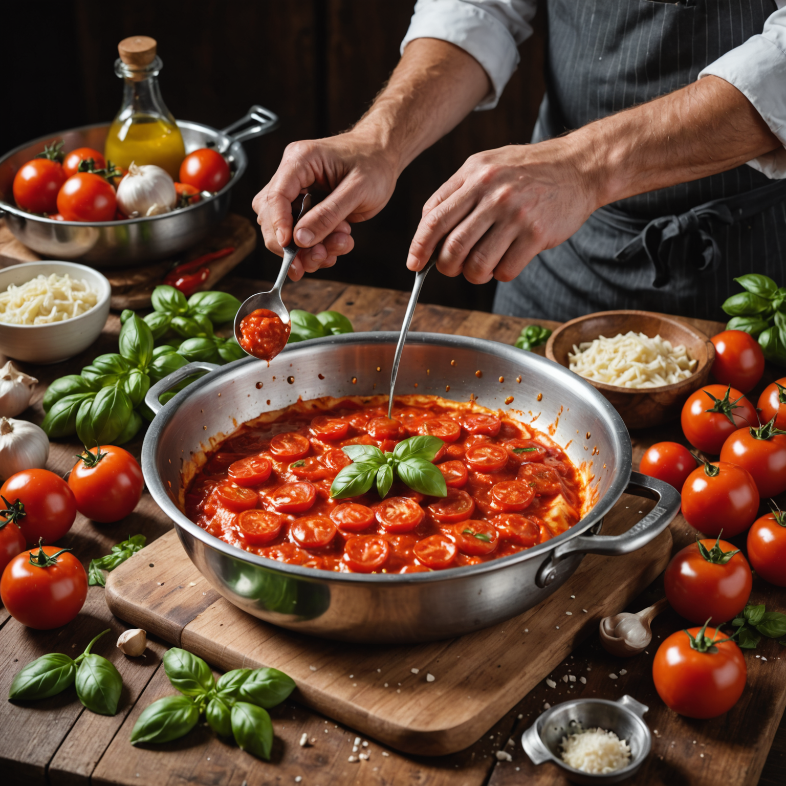 Chef preparing traditional Italian pizza sauce in a stainless steel bowl, crushing San Marzano tomatoes by hand, with fresh basil, olive oil, and garlic arranged on a rustic wooden cutting board