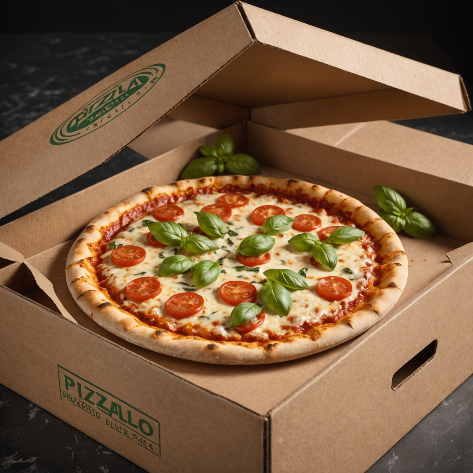 Freshly baked authentic Italian pizza in an open delivery box, showing perfectly melted mozzarella, fresh basil leaves, and golden crust, with Pizzaiolo branding visible on the box
