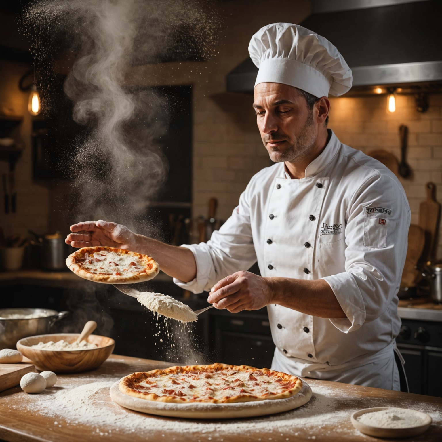 Pizzaiolo chef hand-tossing pizza dough in the air with flour dust, demonstrating traditional Italian pizza-making technique in a professional kitchen