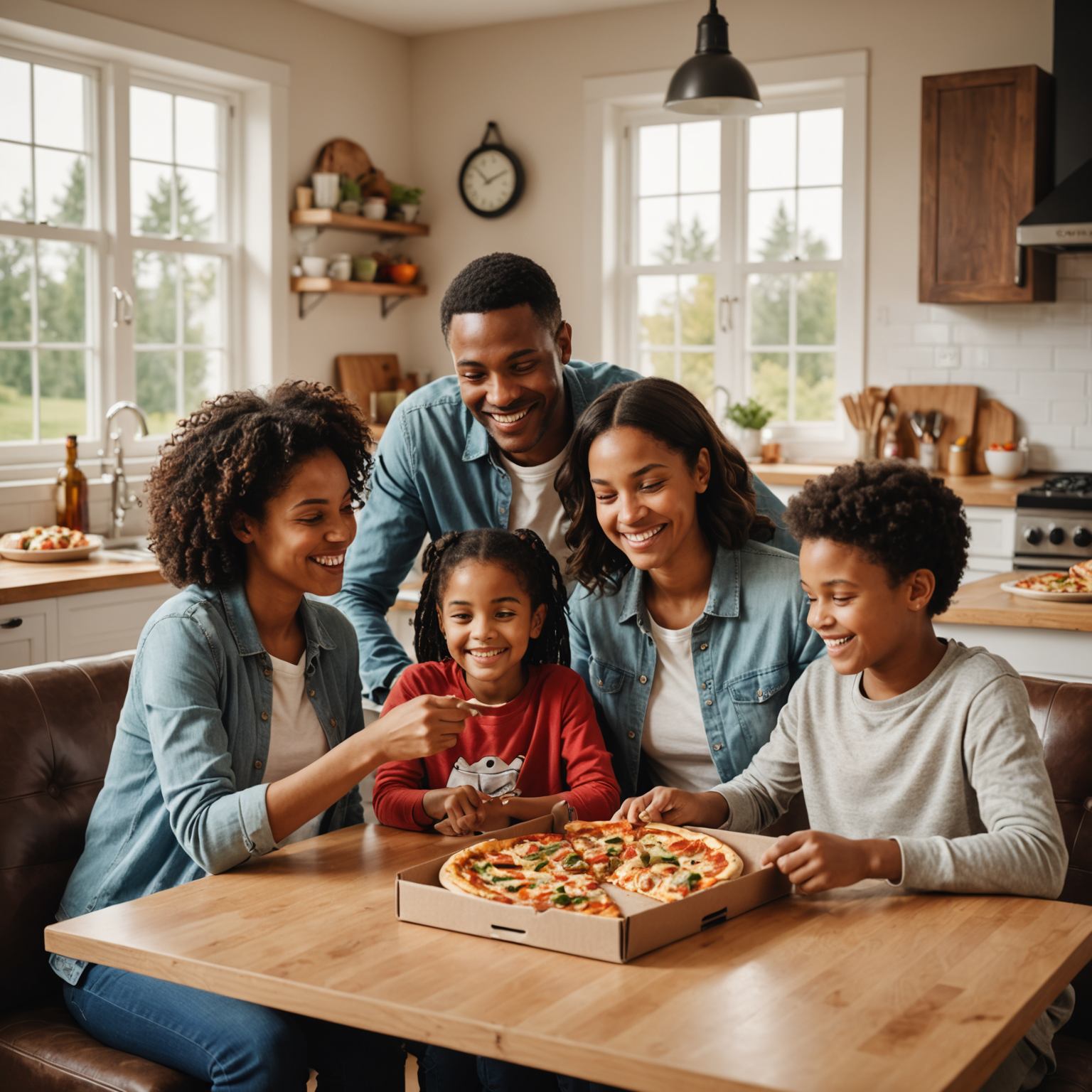 Diverse Canadian family of four sitting around dining table enjoying fresh Pizzaiolo pizza from branded delivery boxes with smiles and warm home interior with natural lighting and cozy atmosphere