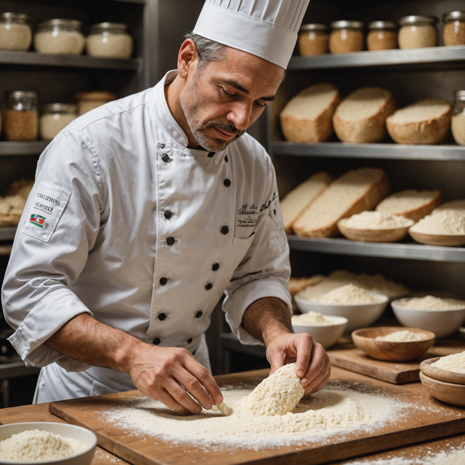 Chef Marco Benedetti carefully examining the texture and quality of imported Italian flour between his experienced hands