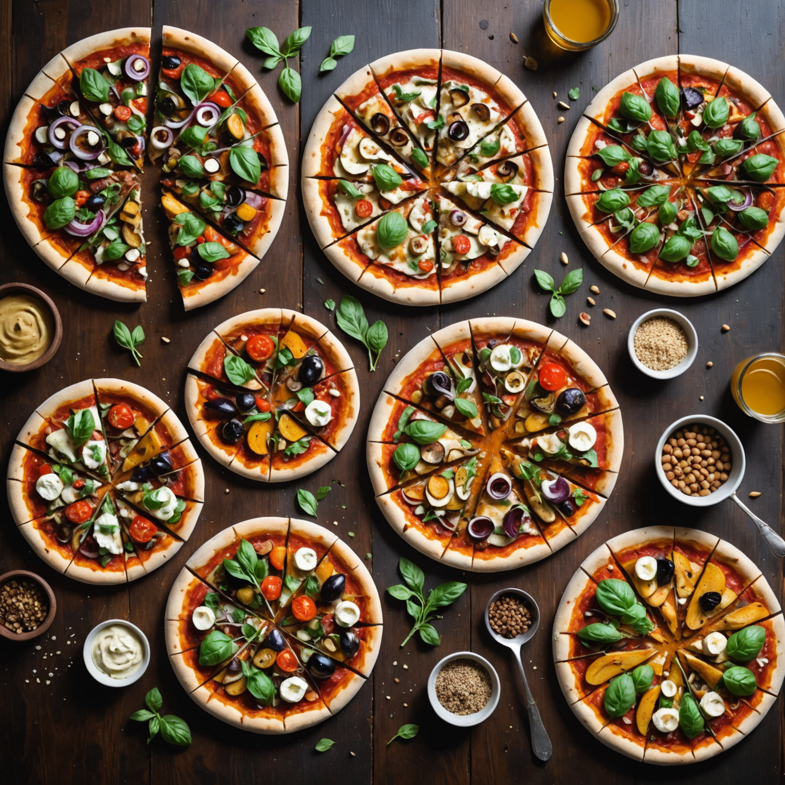 Overhead view of five different artisan vegan pizzas arranged on rustic wooden boards, each featuring unique colorful toppings including roasted vegetables, fresh herbs, plant-based meats, and melted cashew cheese, professional food photography with natural lighting and garnishes
