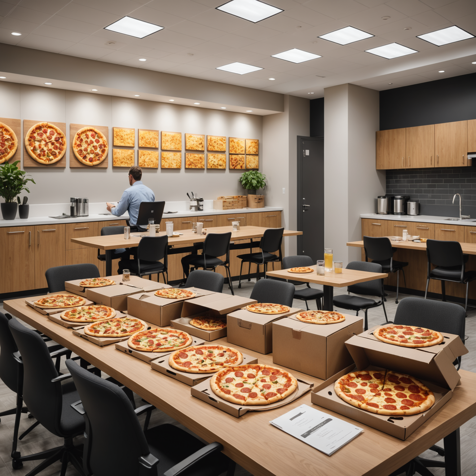 Professional corporate lunch setup showing pizza delivery boxes arranged in modern Canadian office break room, business team enjoying pizzas during lunch meeting, with branded packaging and invoice documentation visible