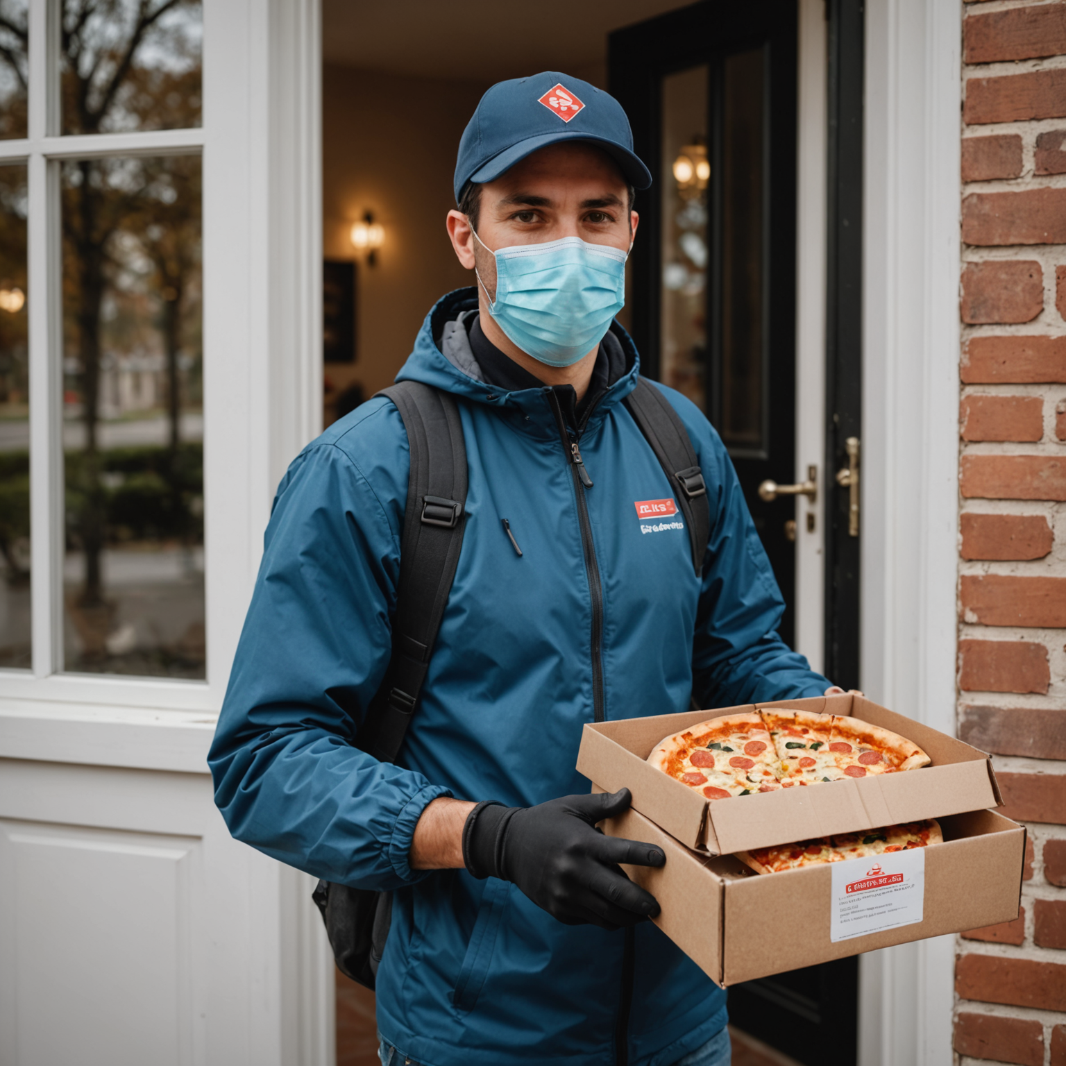 Delivery driver wearing protective mask placing pizzaiolo pizza order in insulated bag on customer's doorstep while maintaining social distance, customer visible through front door window