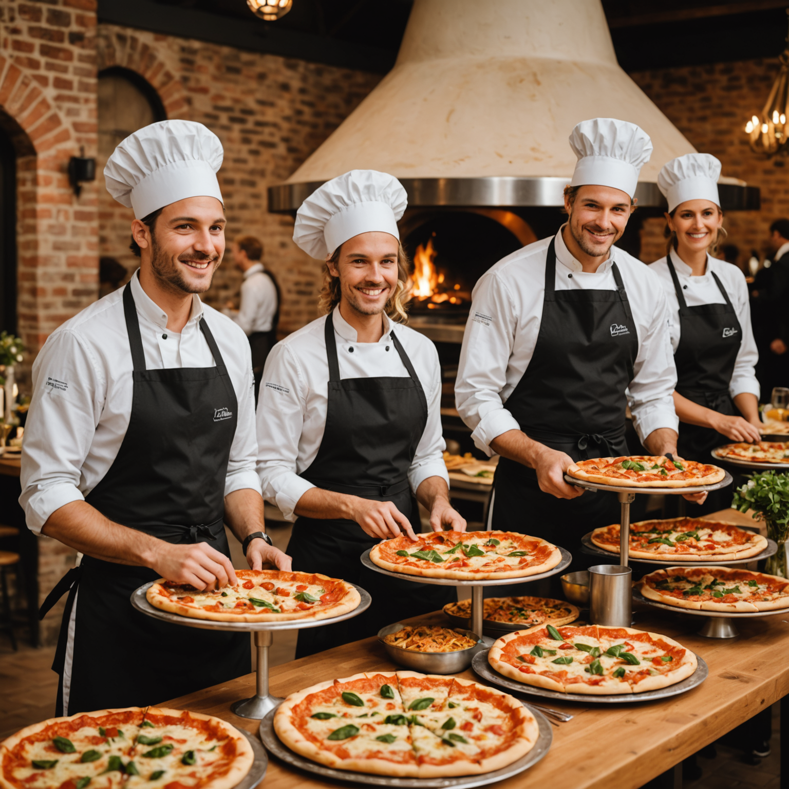 Professional catering team in branded aprons serving fresh pizzas at an elegant event, with mobile pizza oven in background, beautifully arranged buffet station with fresh ingredients, and happy guests enjoying the interactive dining experience