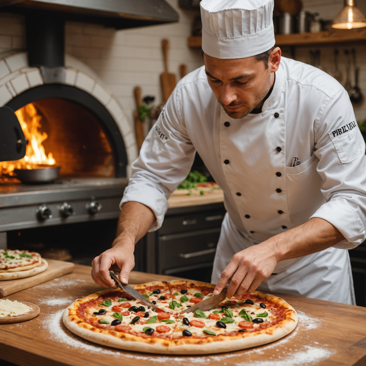 Professional pizzaiolo in white chef uniform carefully placing custom-selected toppings on stretched pizza dough on wooden peel, showing attention to detail and craftsmanship, bright kitchen environment with pizza oven visible in background
