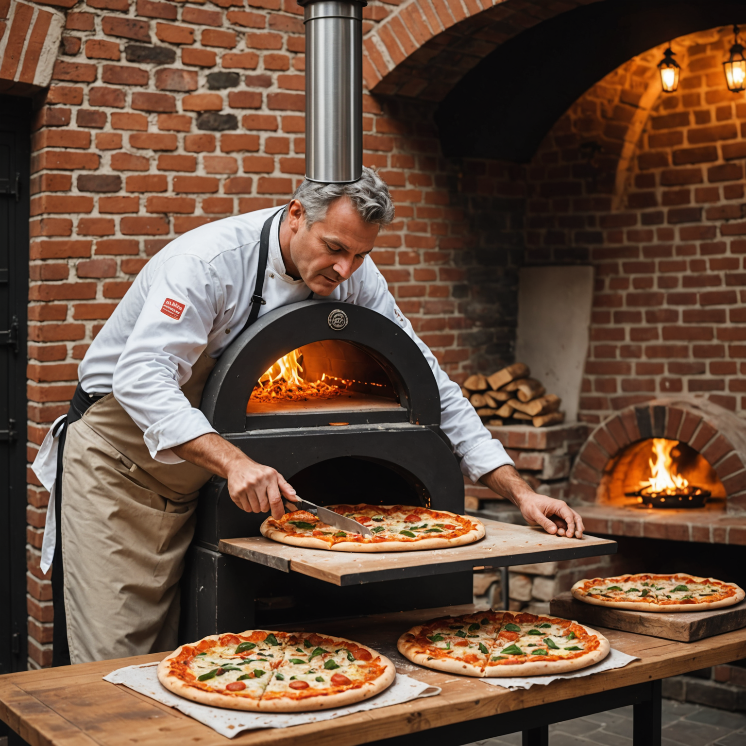 Professional wood-fired pizza oven with flames visible inside, pizzaiolo using a long wooden peel to place a freshly topped pizza into the oven, showing the traditional cooking method used in authentic Italian pizzerias