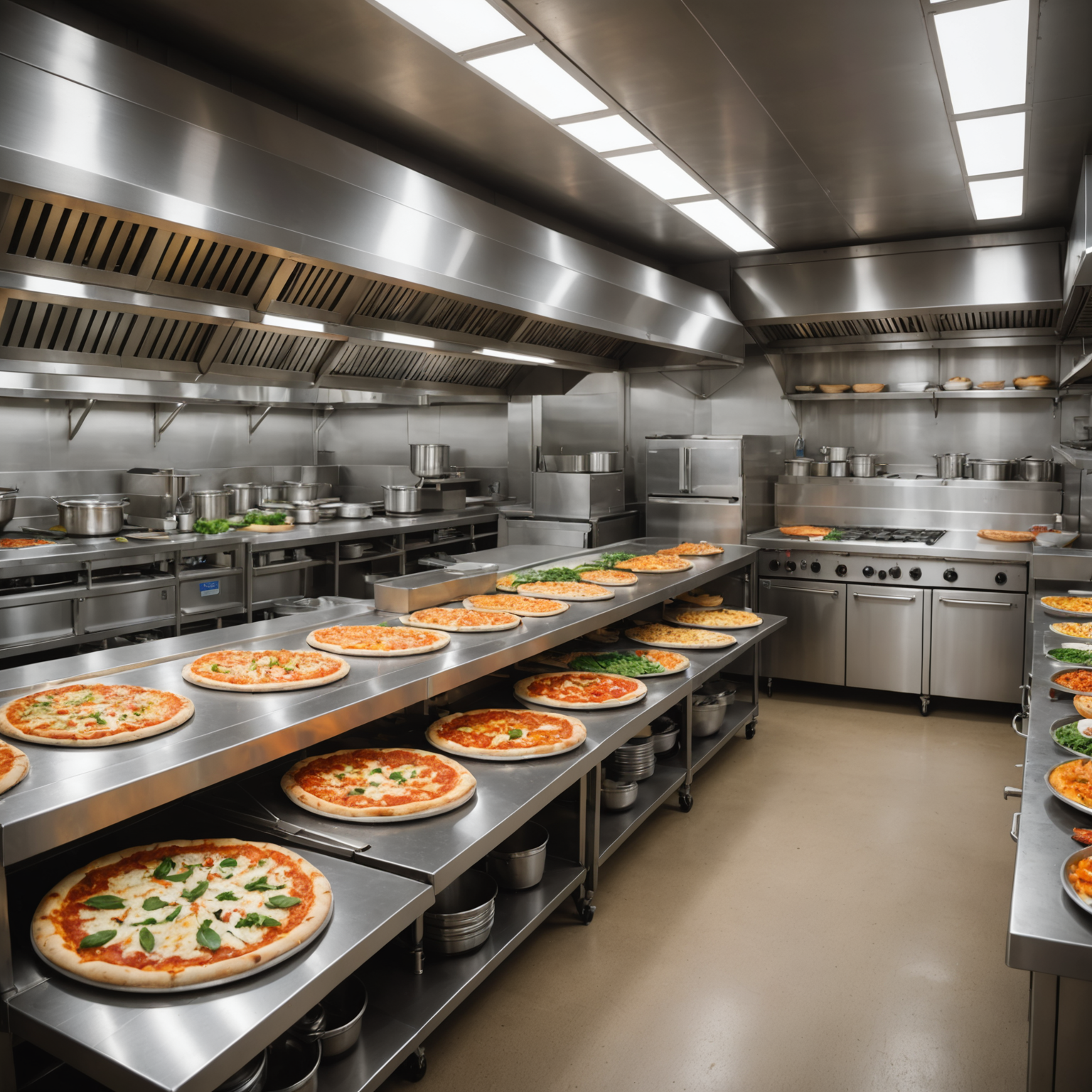 Clean professional pizza kitchen with stainless steel equipment, fresh vegetables, premium cheeses, and quality ingredients organized on prep stations, showing commitment to food safety and quality