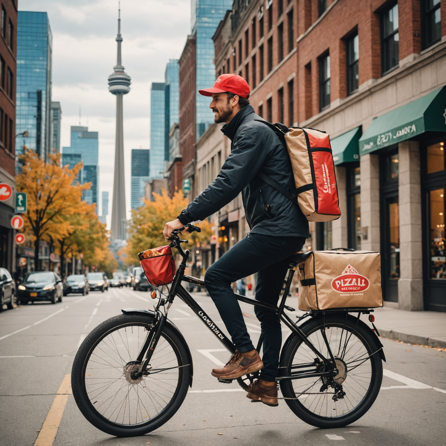 Pizzaiolo delivery person on bicycle with insulated pizza delivery bag, riding through Toronto streets with CN Tower visible in background