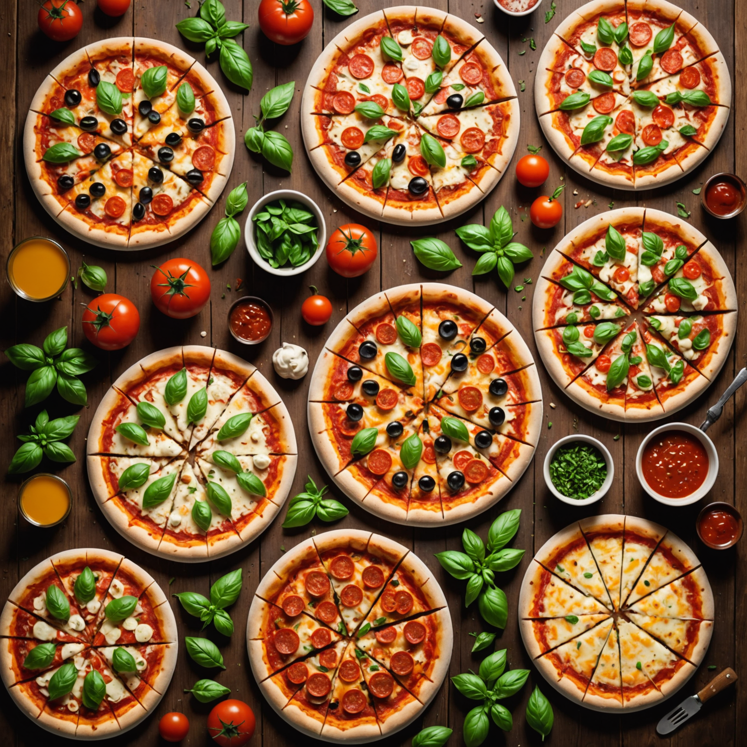 Beautifully arranged display of various Pizzaiolo menu pizzas including Margherita, pepperoni, vegetarian, and specialty options with fresh basil, colorful vegetables, and melted cheese on rustic wooden board with warm lighting